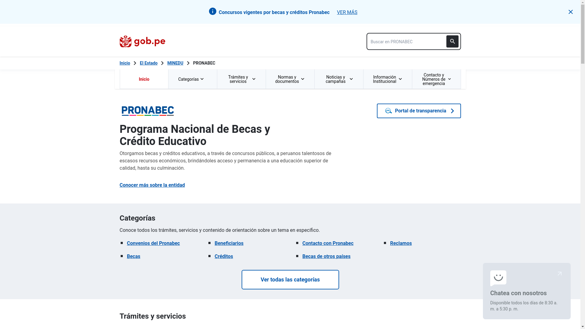 website screenshot of https://pronabec.gob.pe