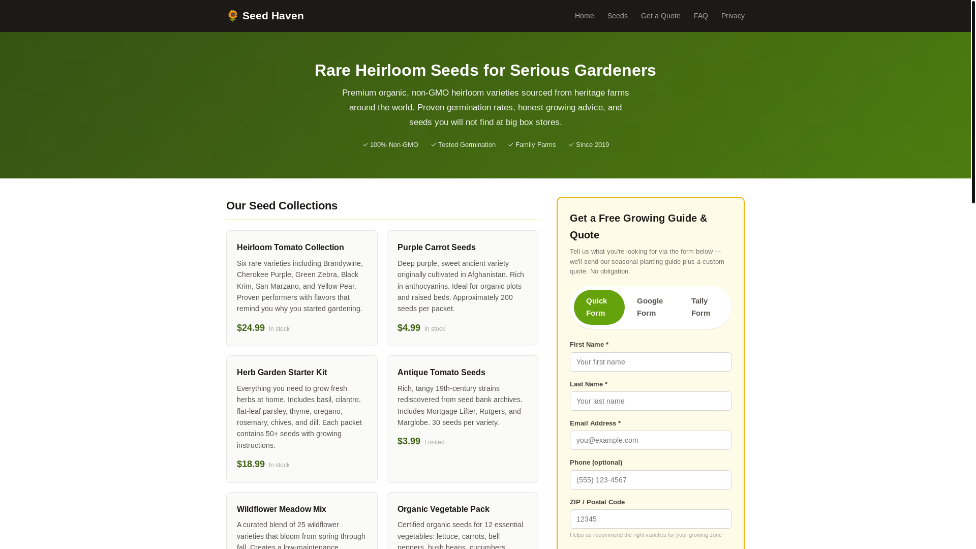 website screenshot of https://timelessseeds.online/