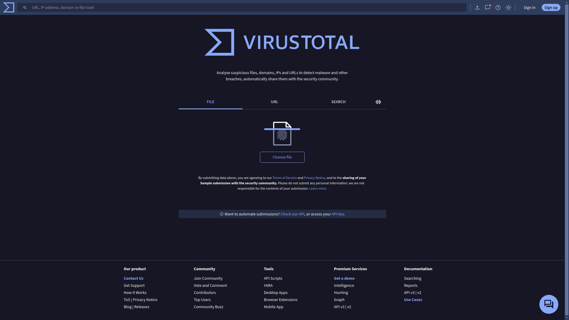 website screenshot of https://www.virustotal.com/gui/home/upload