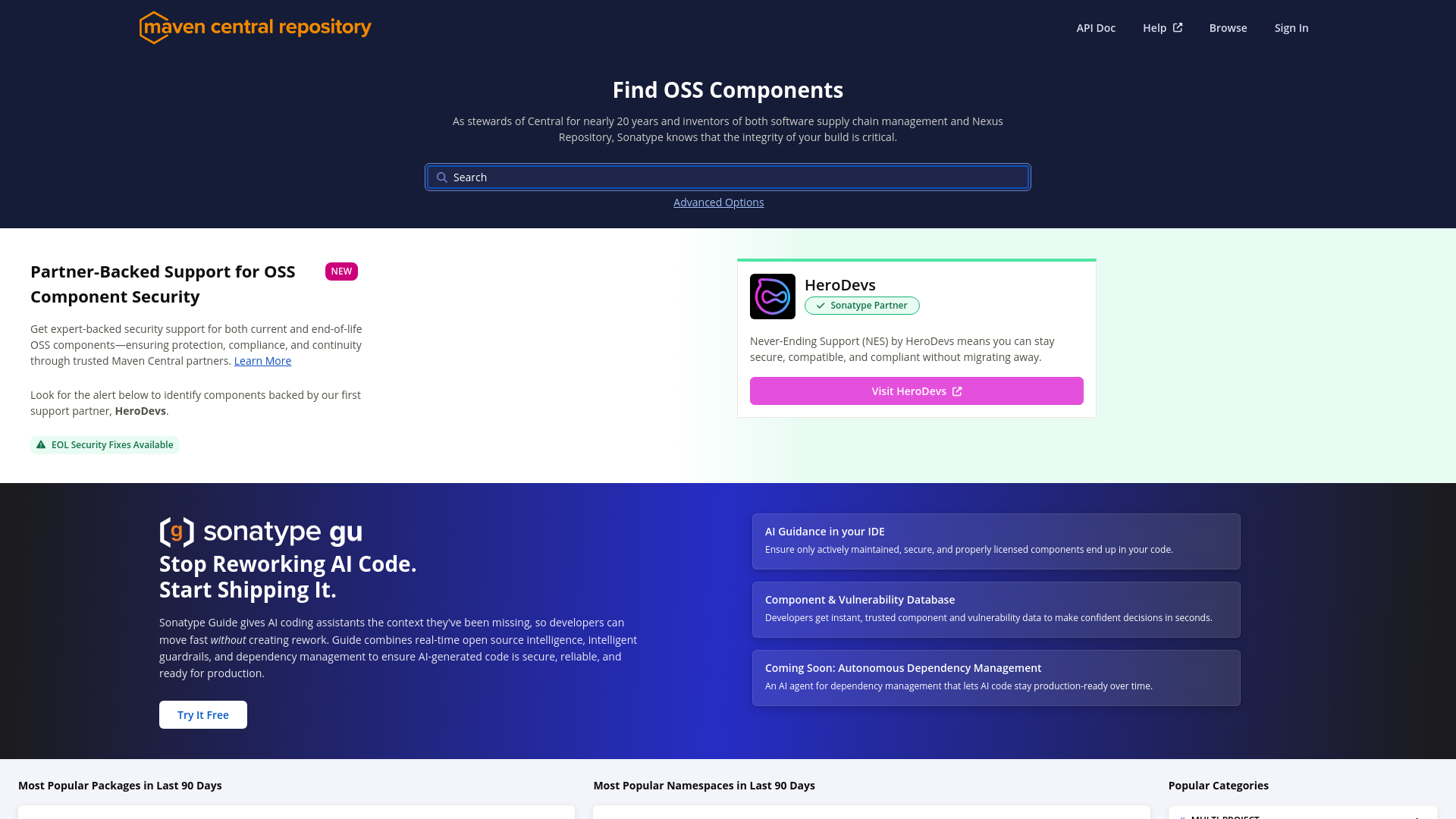 website screenshot of https://search.maven.org/