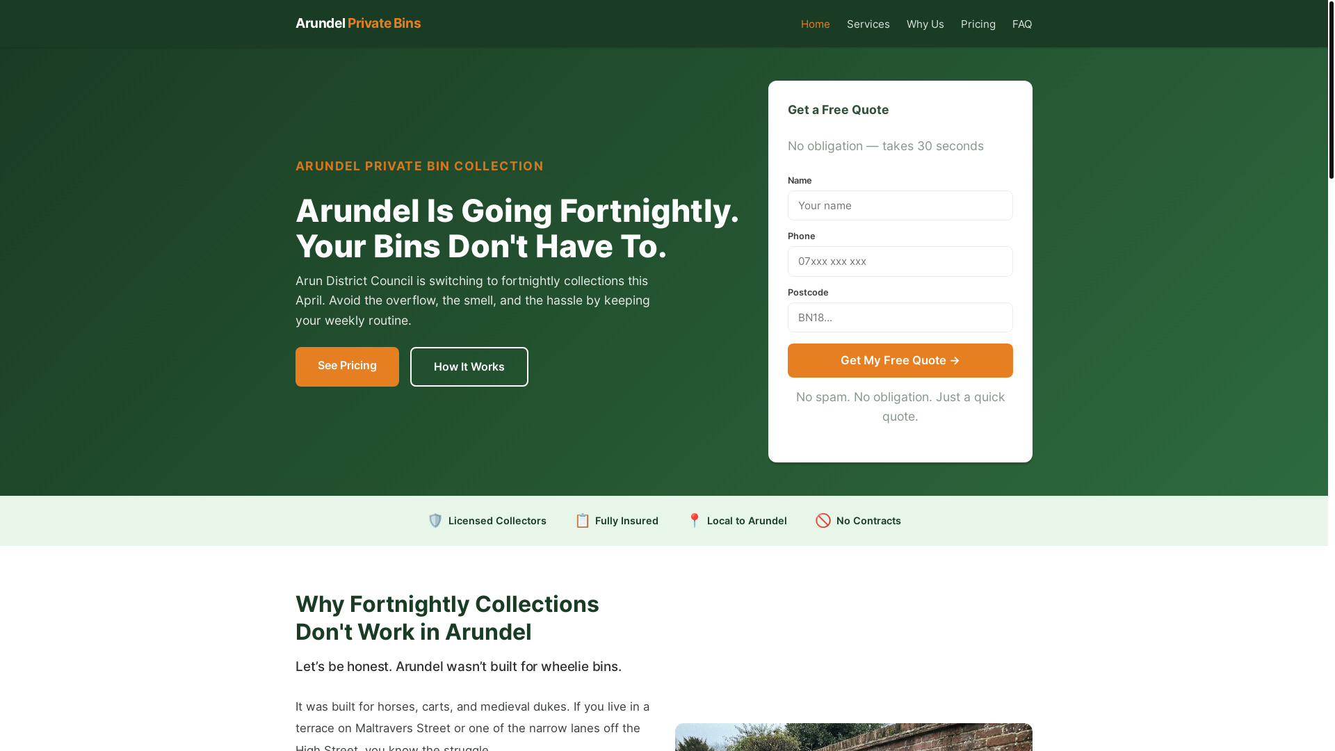website screenshot of https://arundelprivatebins.co.uk/