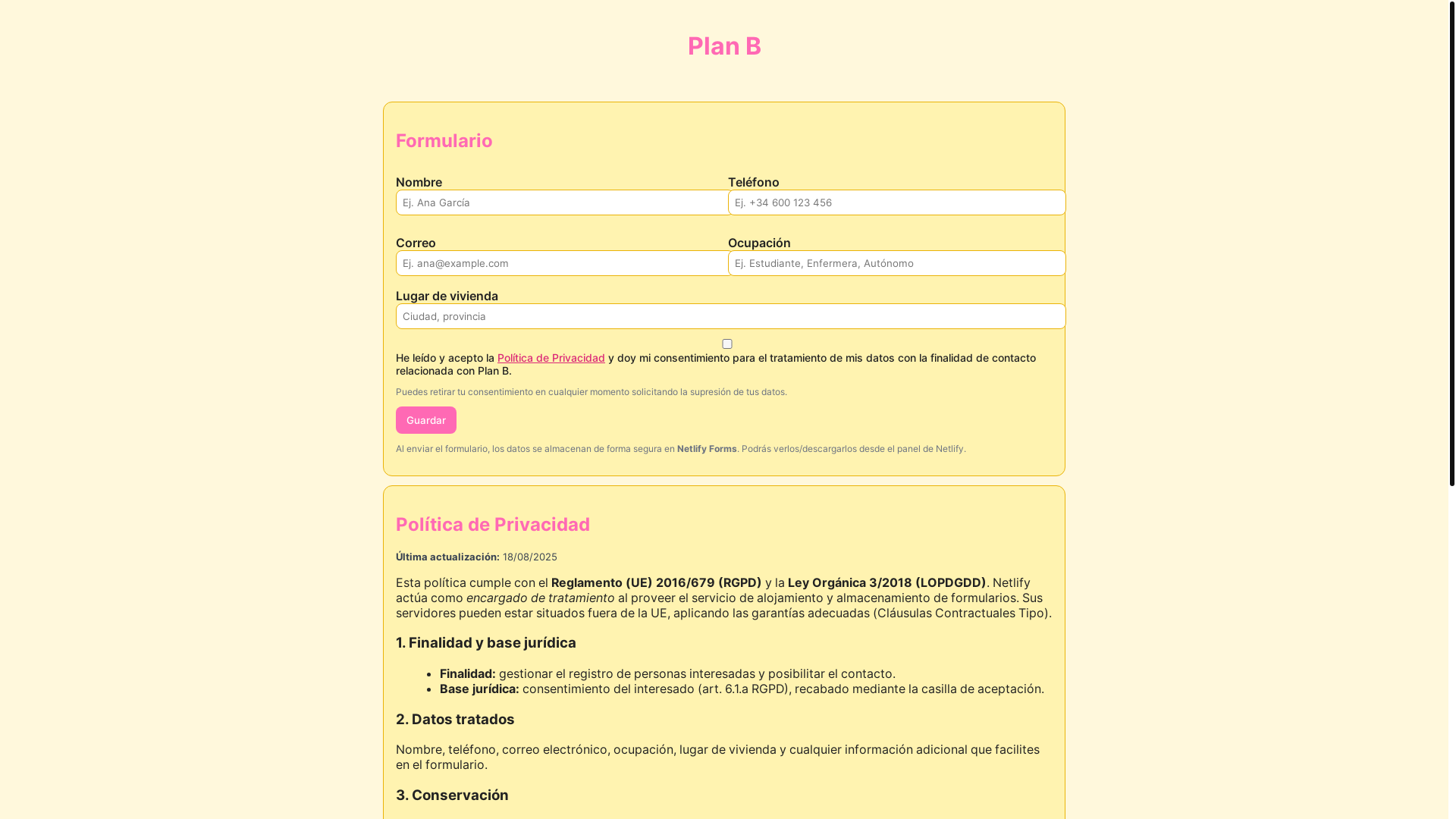 website screenshot of https://miriamplanb.org/