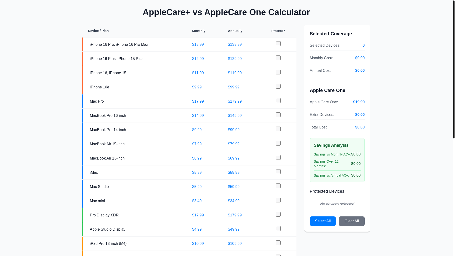 website screenshot of https://applecarecalc.pages.dev/