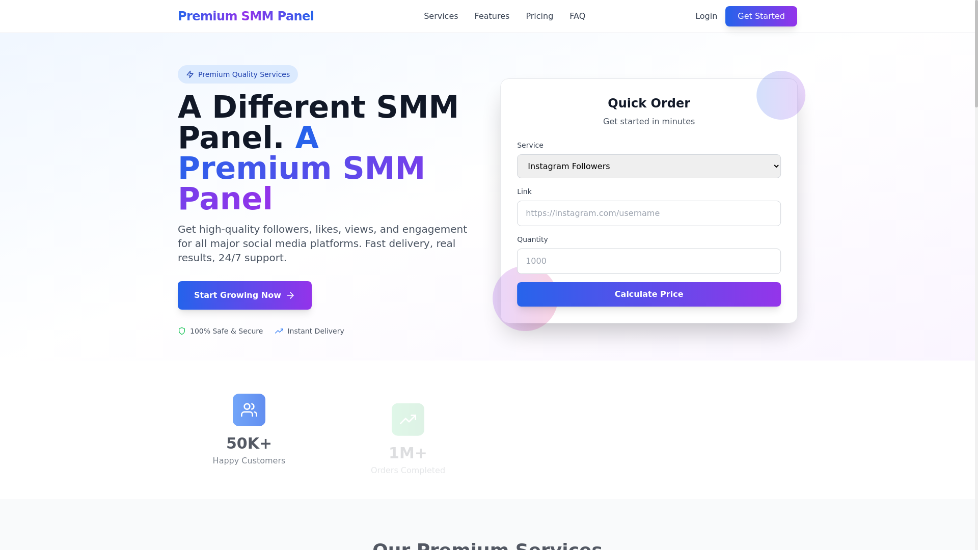 website screenshot of https://premiumsmmpanel.io/