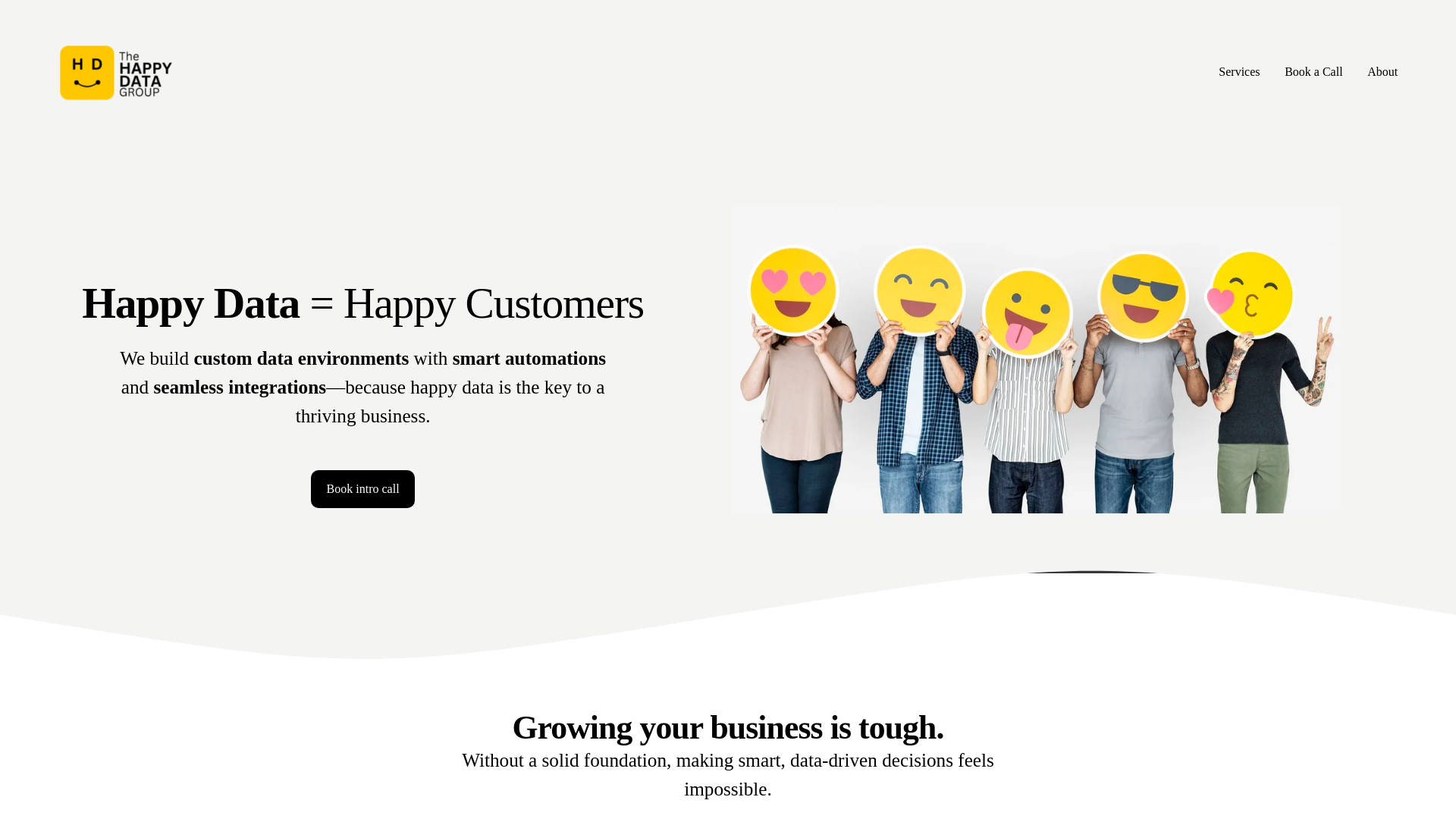 website screenshot of https://meethappydata.com/