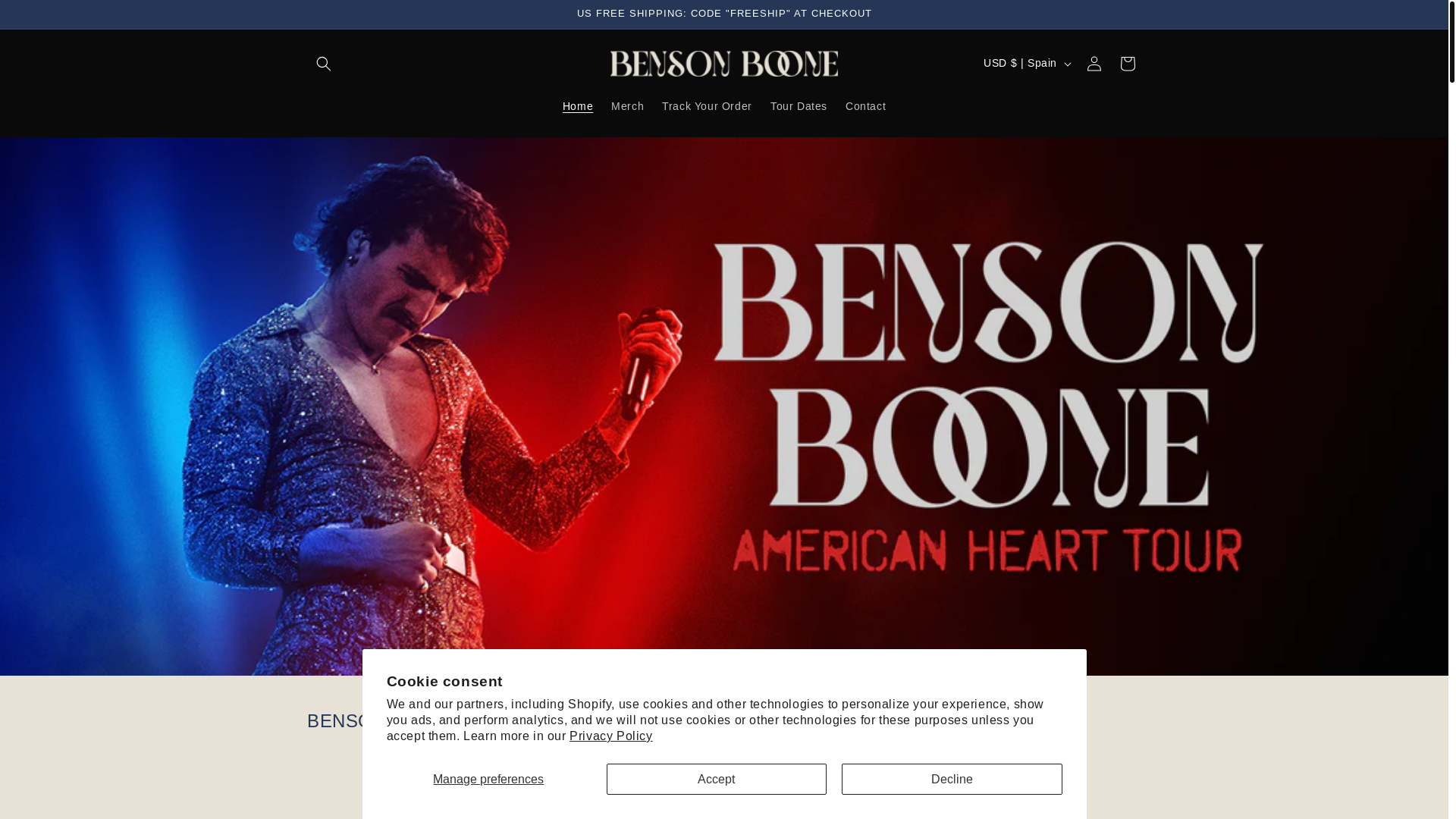 website screenshot of https://bensonboonetourmerch.com/