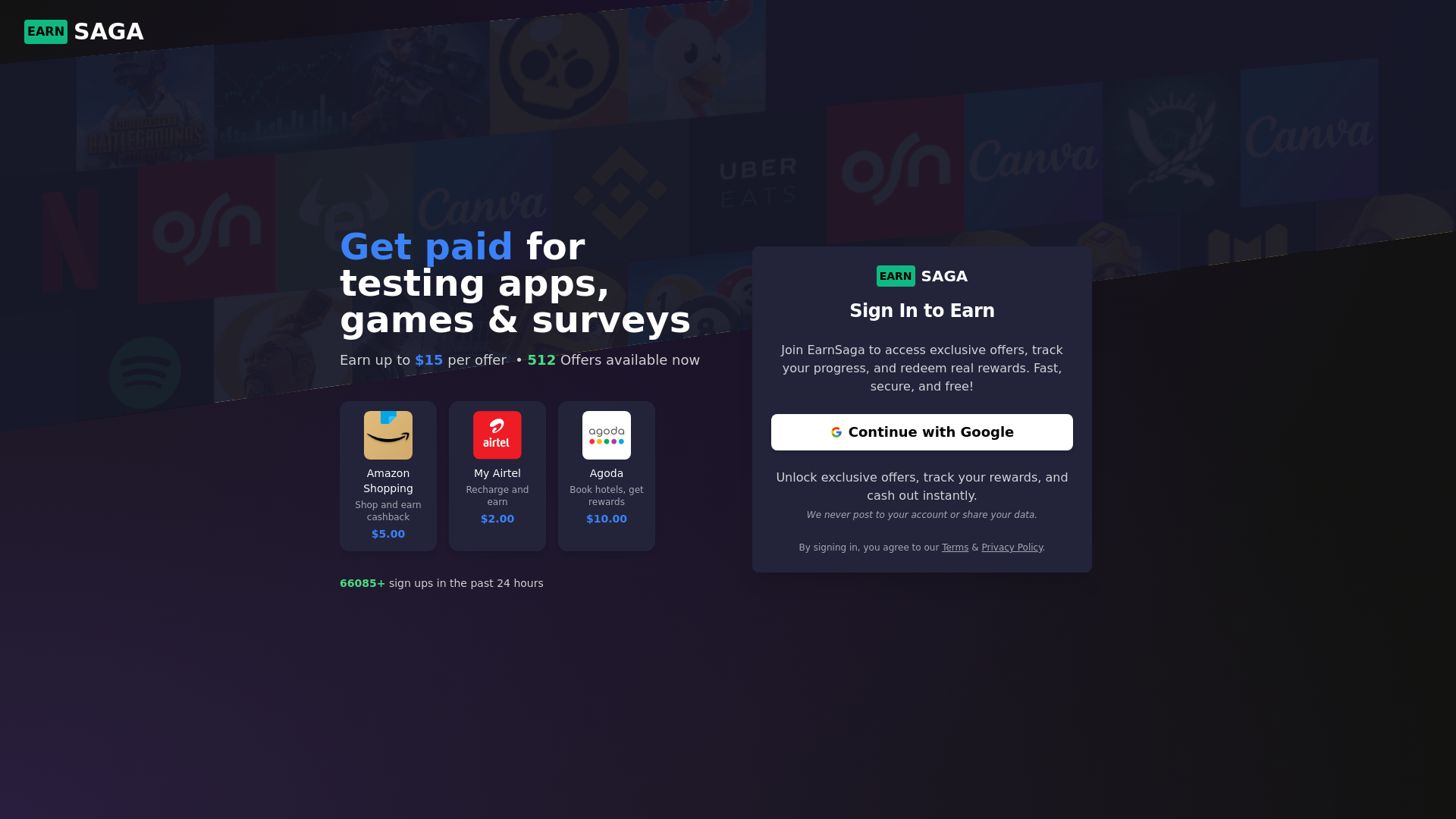 website screenshot of https://earnsaga-prod.pages.dev/