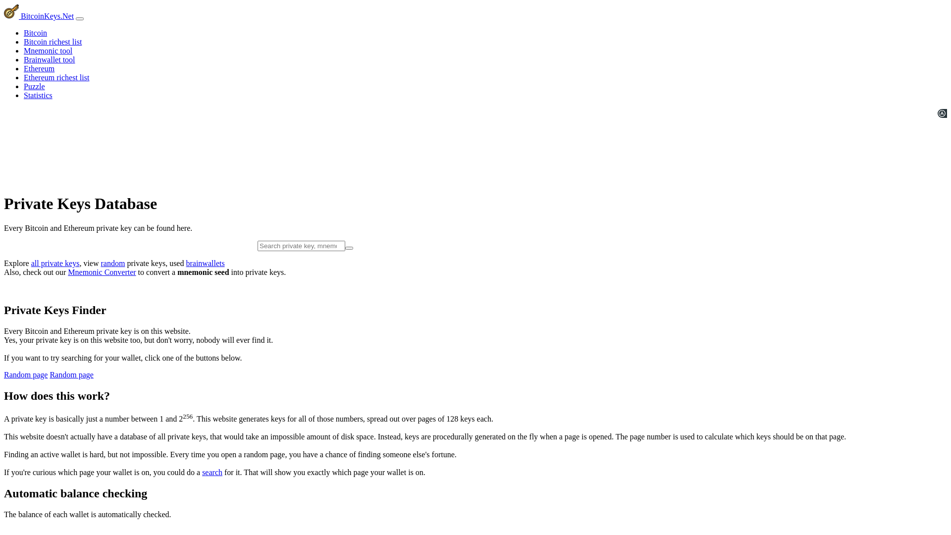 website screenshot of https://bitcoinkeys.net