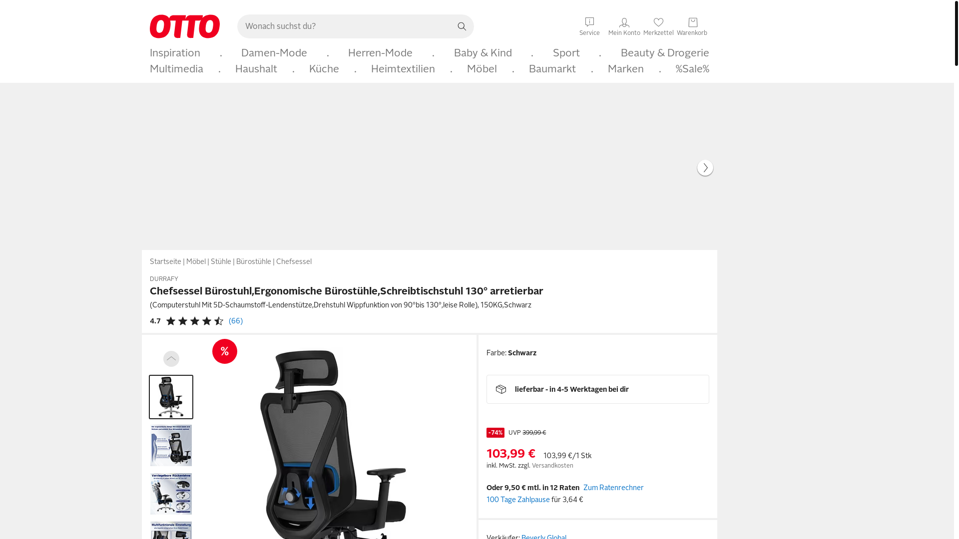 website screenshot of https://www.otto.de/p/durrafy-chefsessel-buerostuhl-ergonomische-buerostuehle-schreibtischstuhl-130-arretierbar-computerstuhl-mit-5d-schaumstoff-lendenstuetze-drehstuhl-wippfunktion-von-90-bis-130-leise-rolle-150kg-schwarz-S0G710XG/#variationId=S0G710XGILYD