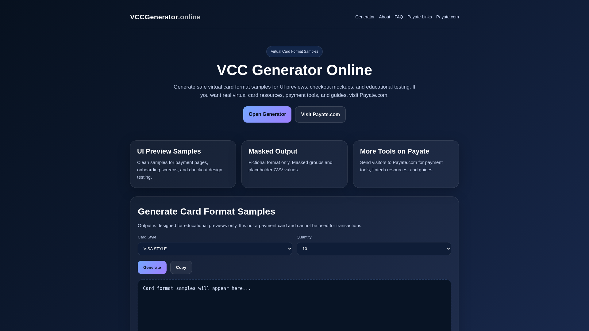 website screenshot of https://vccgenerator.online/