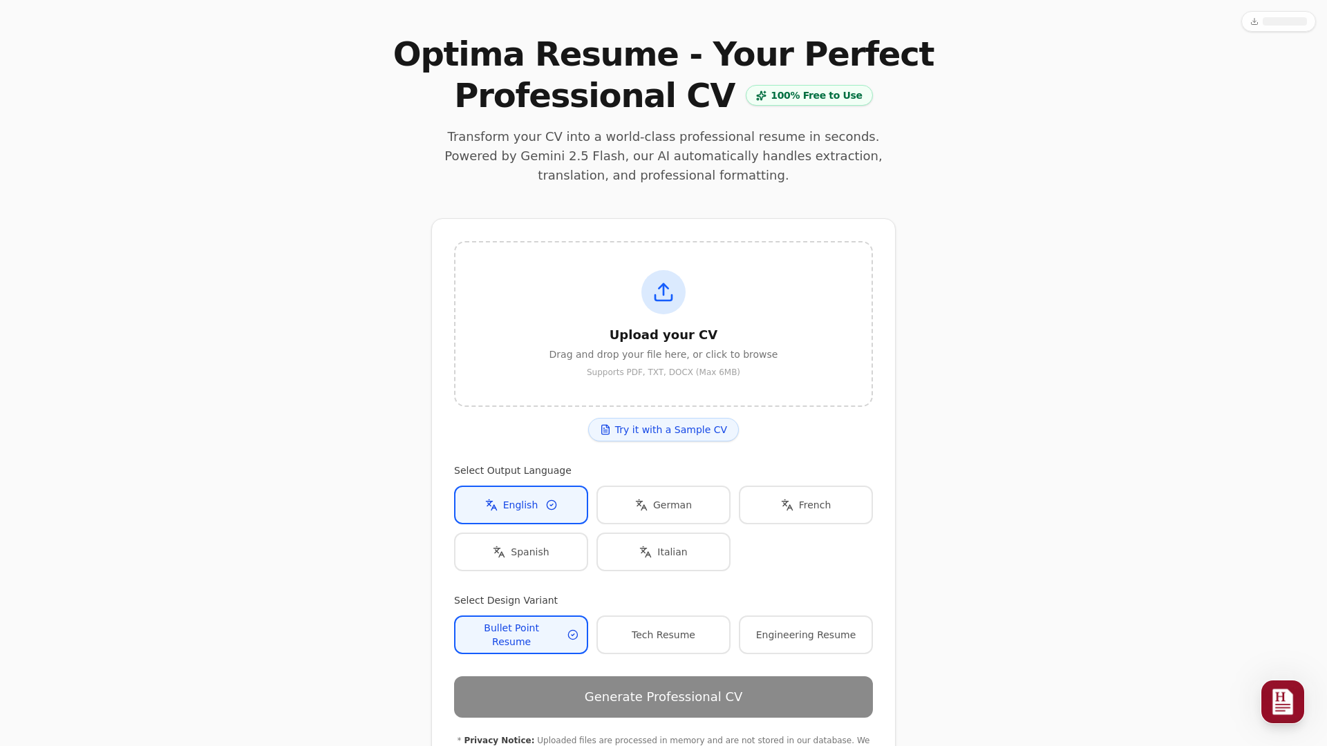 website screenshot of https://optimaresume.app/