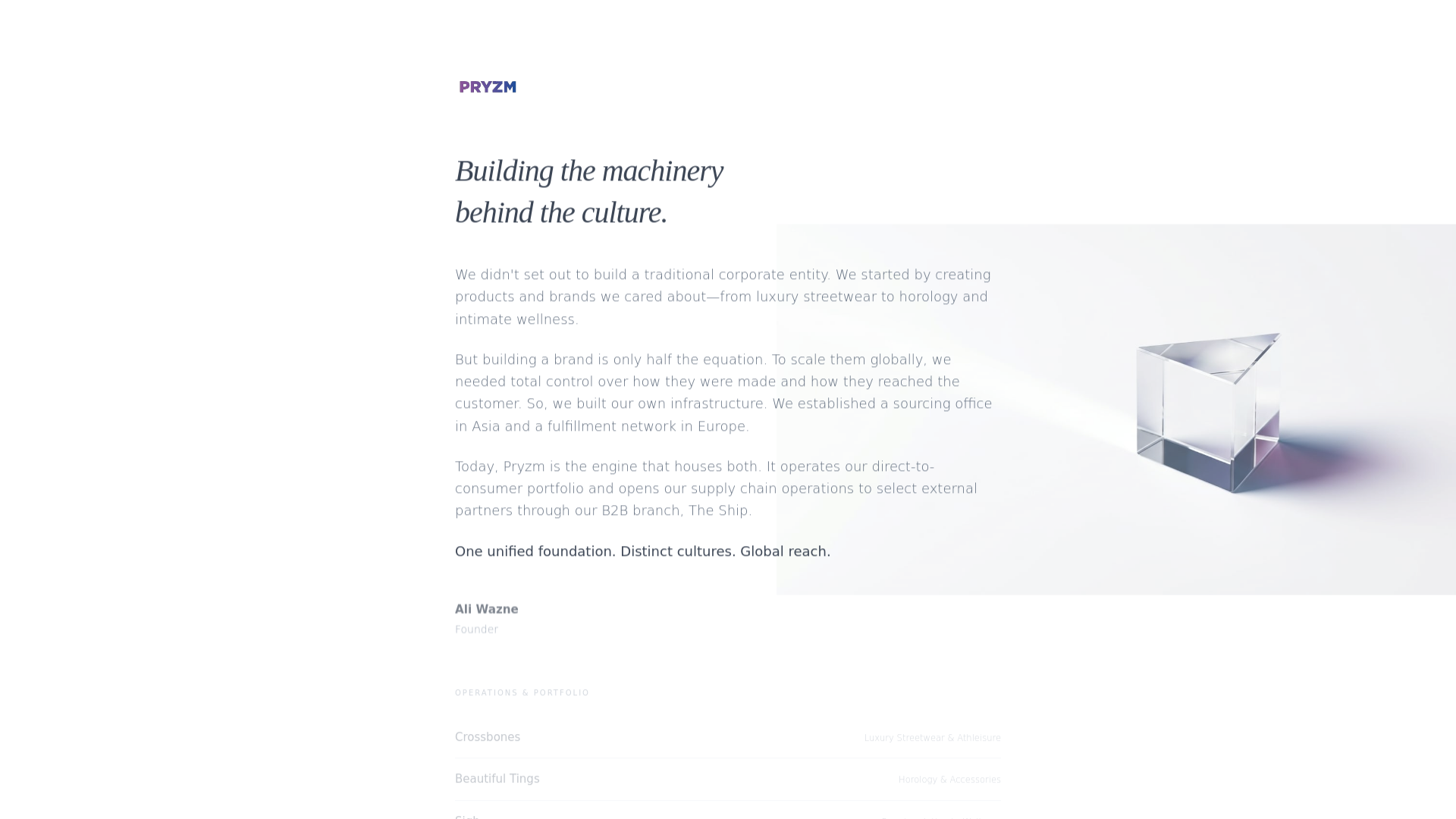 website screenshot of https://pryzm.international/