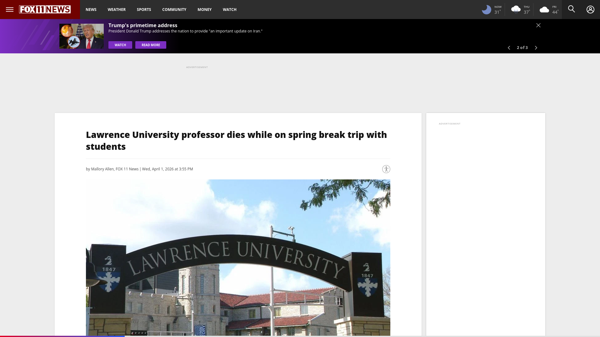 website screenshot of https://fox11online.com/news/crisis-in-the-classroom/lawrence-university-professor-dies-while-on-spring-break-trip-with-students-danielle-joyner-art-history-heart-attack-death-new-york-city-teacher-president-laurie-carter-classroom-memorial-service