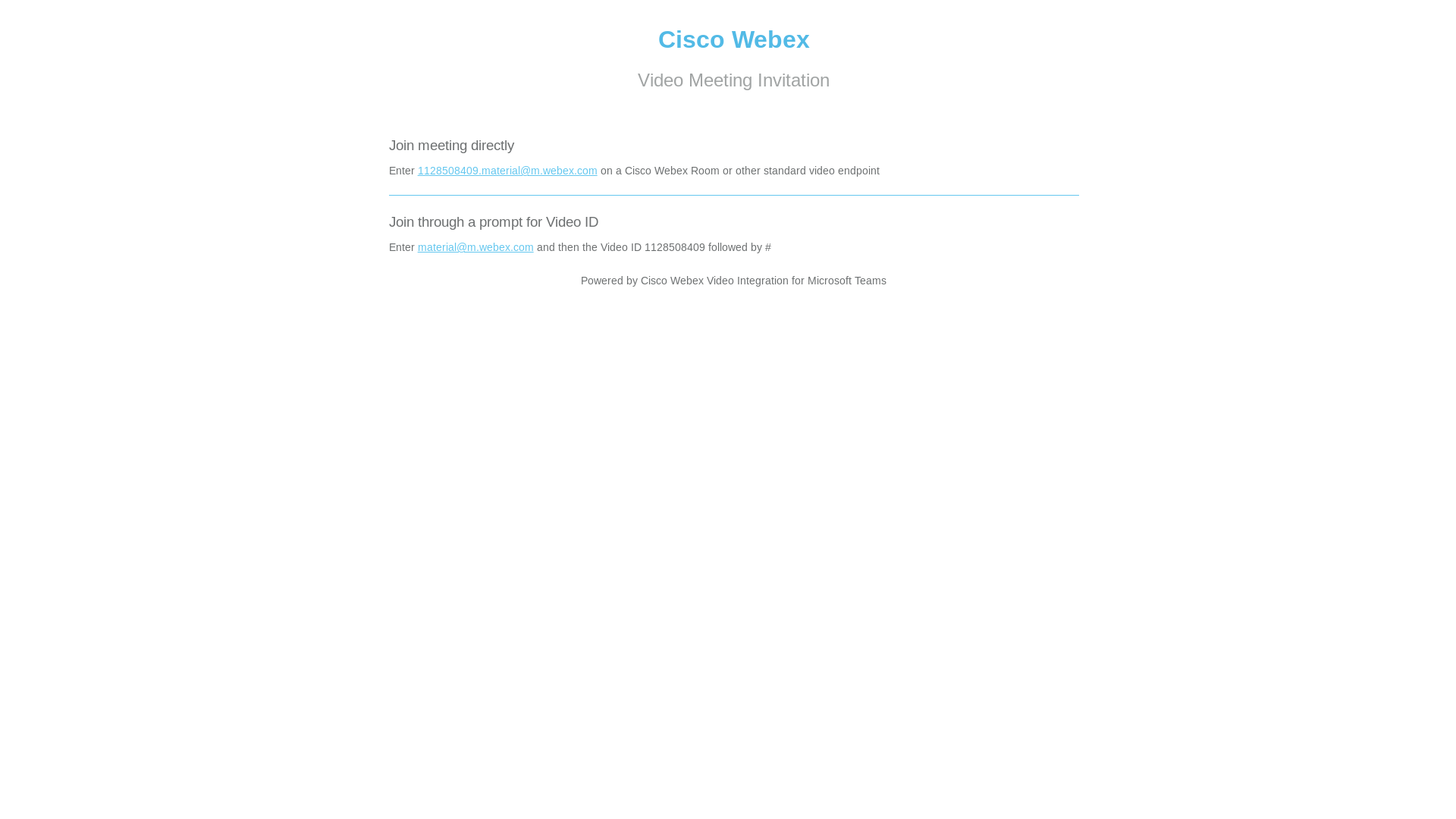 website screenshot of https://www.webex.com/msteams?confid=1128508409&tenantkey=material&domain=m.webex.com