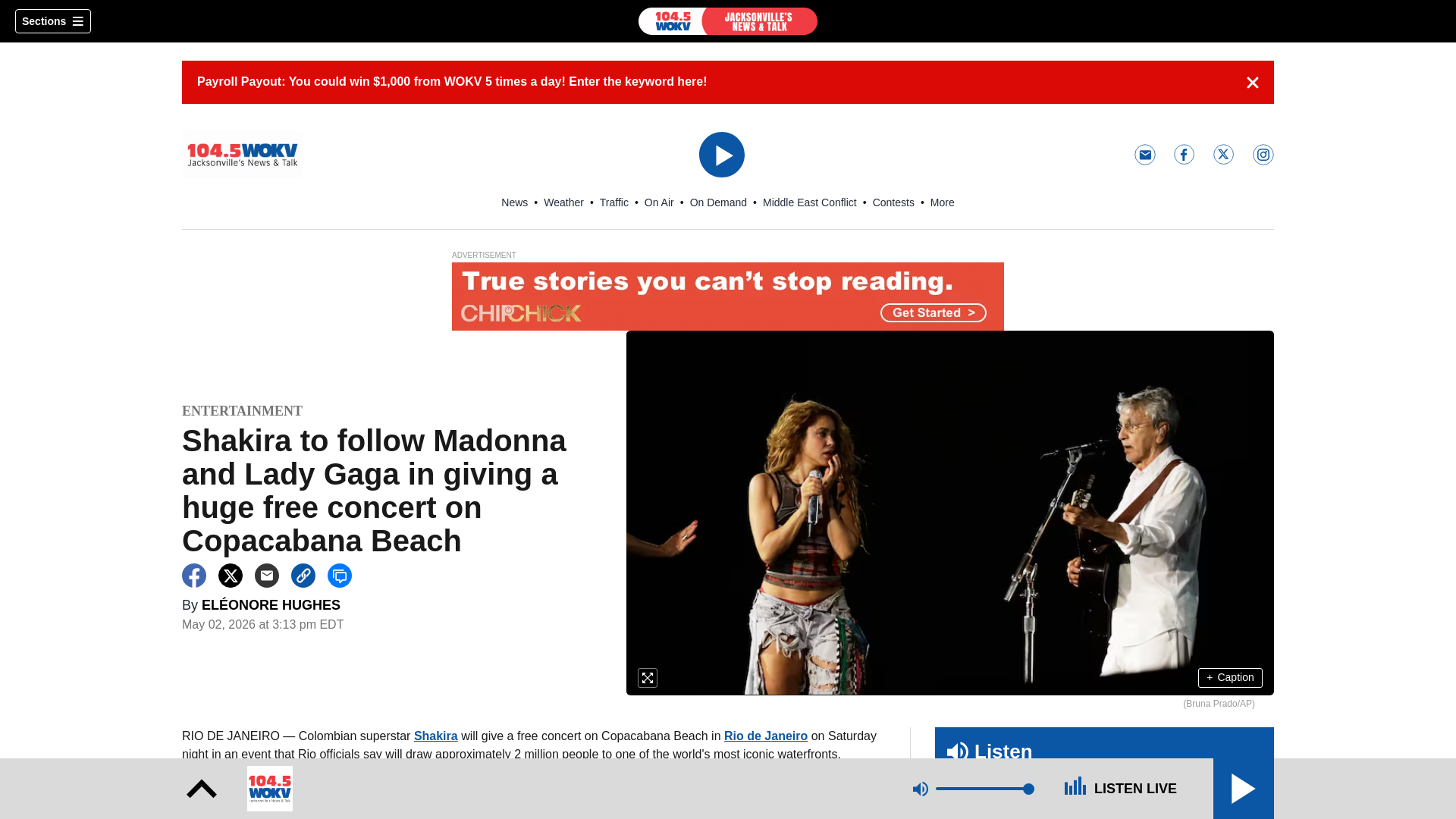 website screenshot of https://www.wokv.com/entertainment/shakira-follow/ZJGV73F3TA77NFMGJDRFTZ4Z6A/
