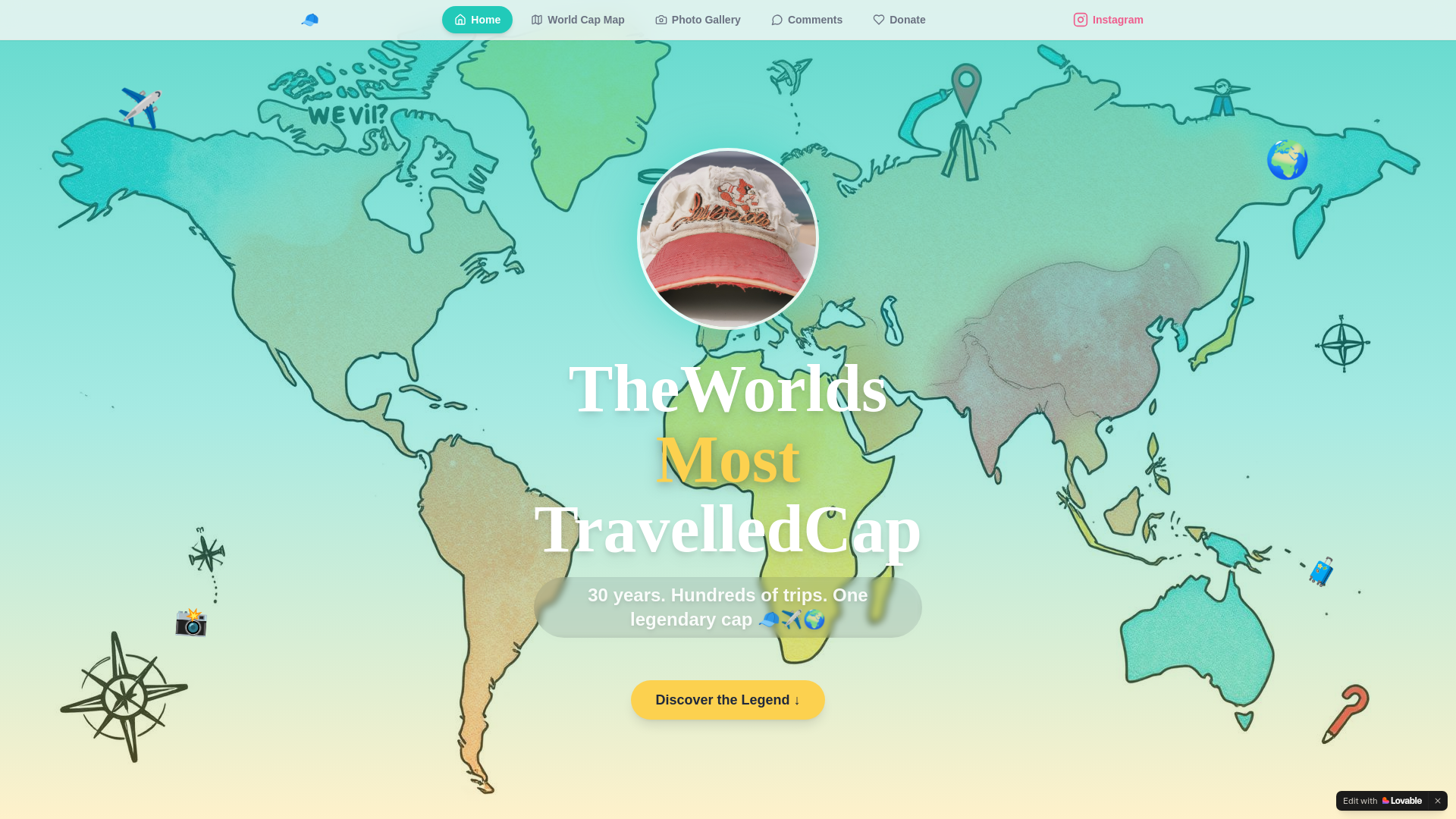 website screenshot of https://theworldsmosttravelledcap.com/