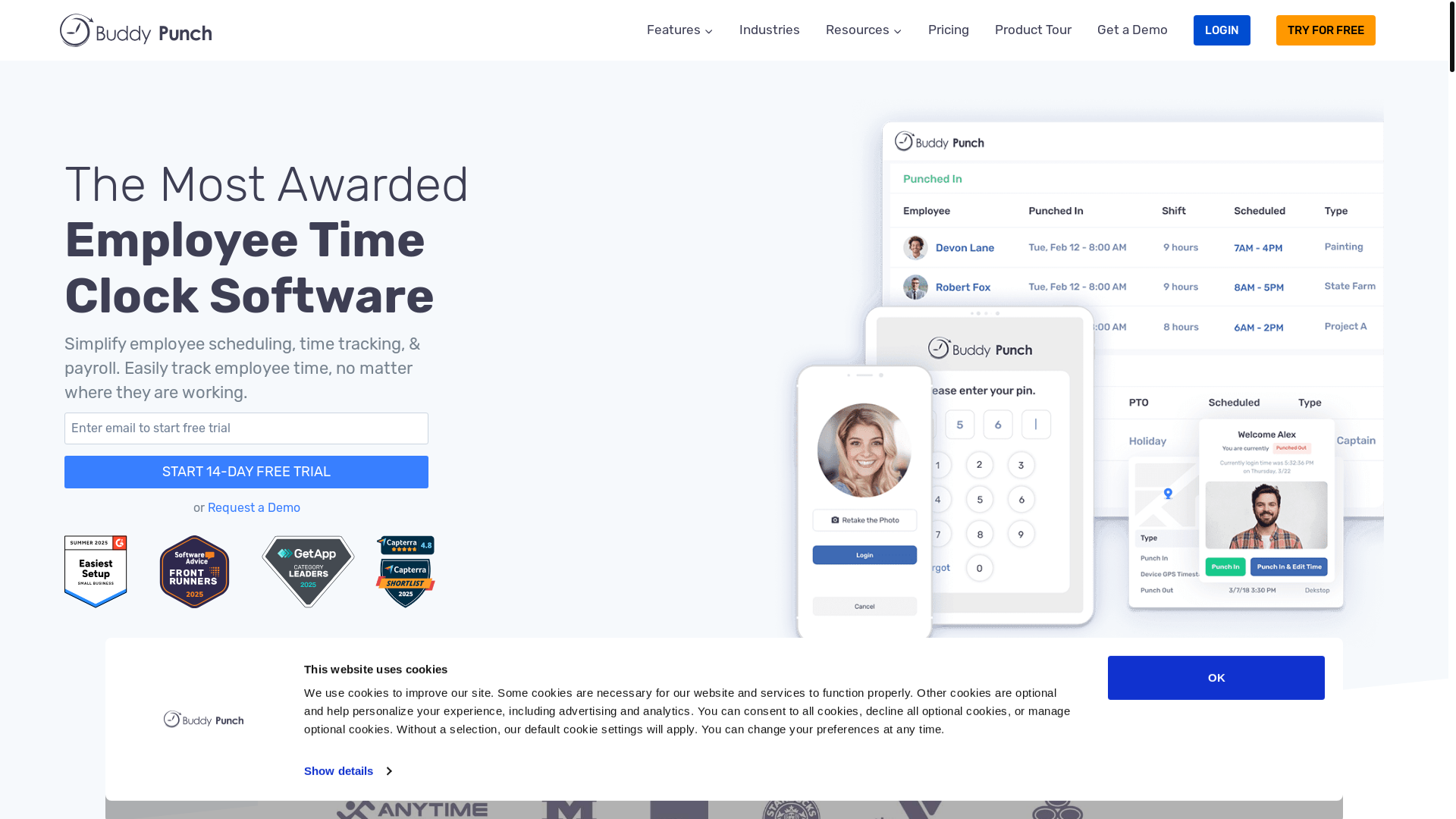 website screenshot of https://buddypunchmanagement.com/
