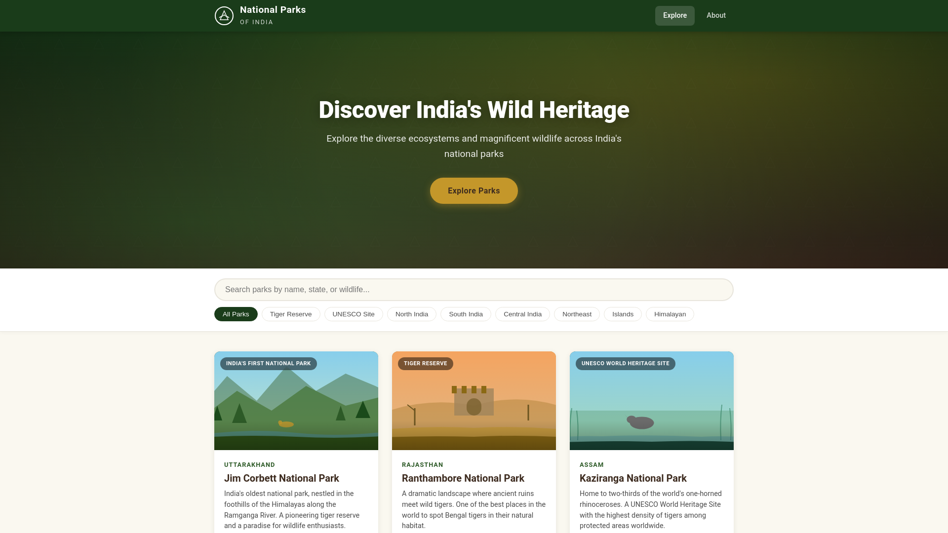 website screenshot of https://india-national-parks.pages.dev/