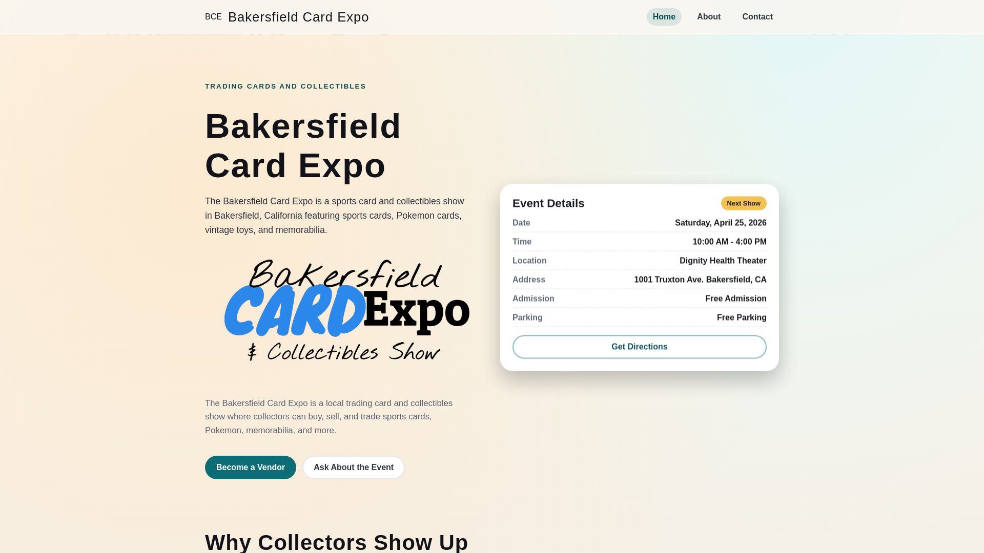website screenshot of https://bakersfieldcardexpo.com/