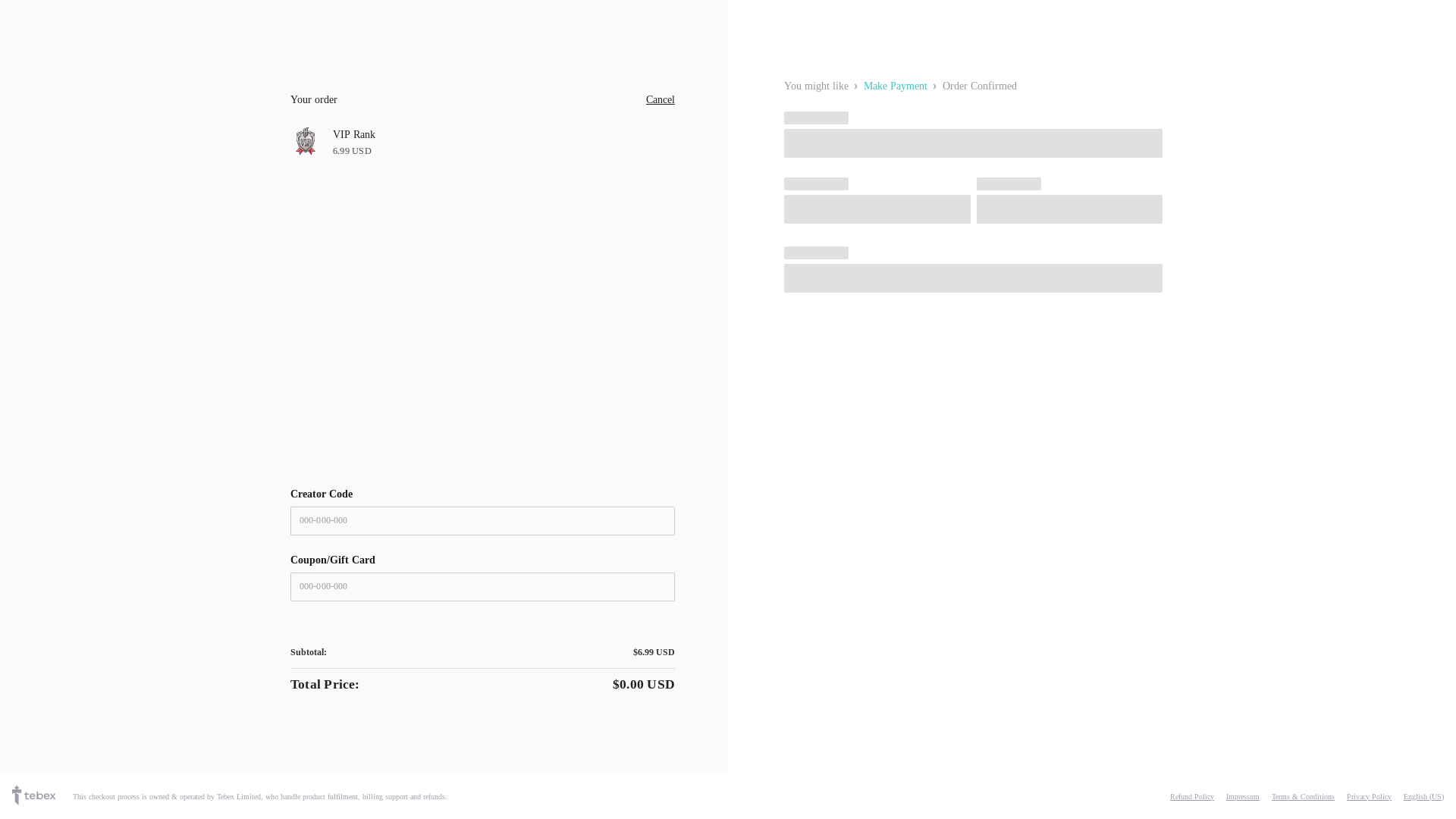 website screenshot of https://pay.tebex.app/vip-rank-3894588/payment