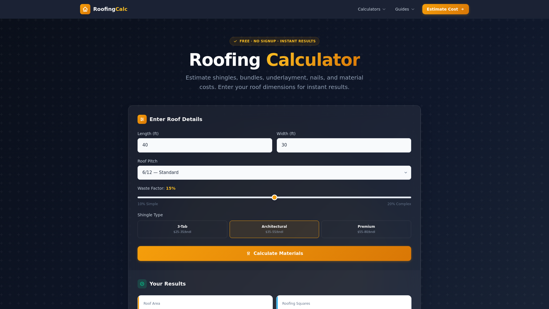 website screenshot of https://roofingcalculation.pages.dev/