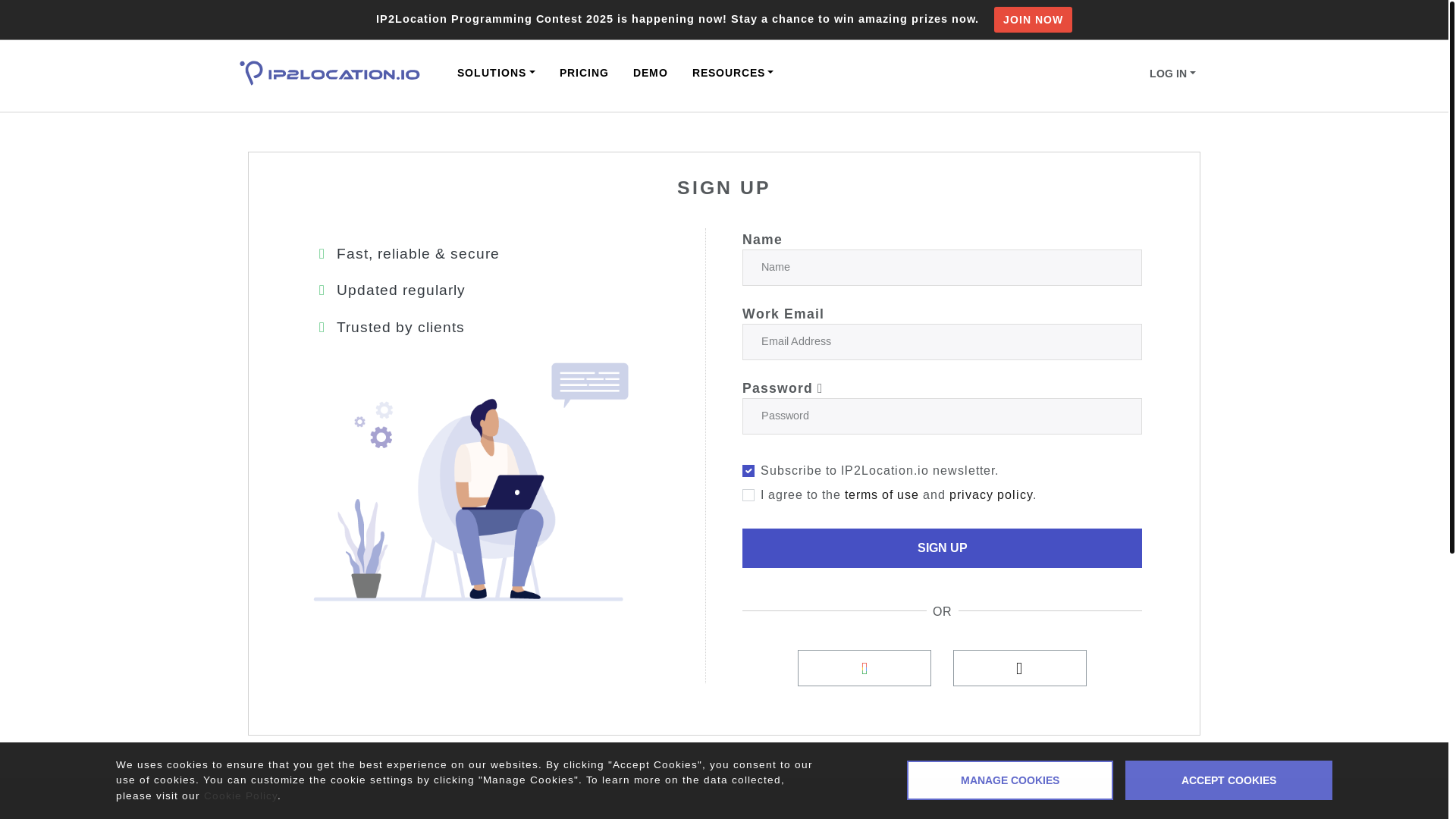 website screenshot of https://www.ip2location.io/sign-up