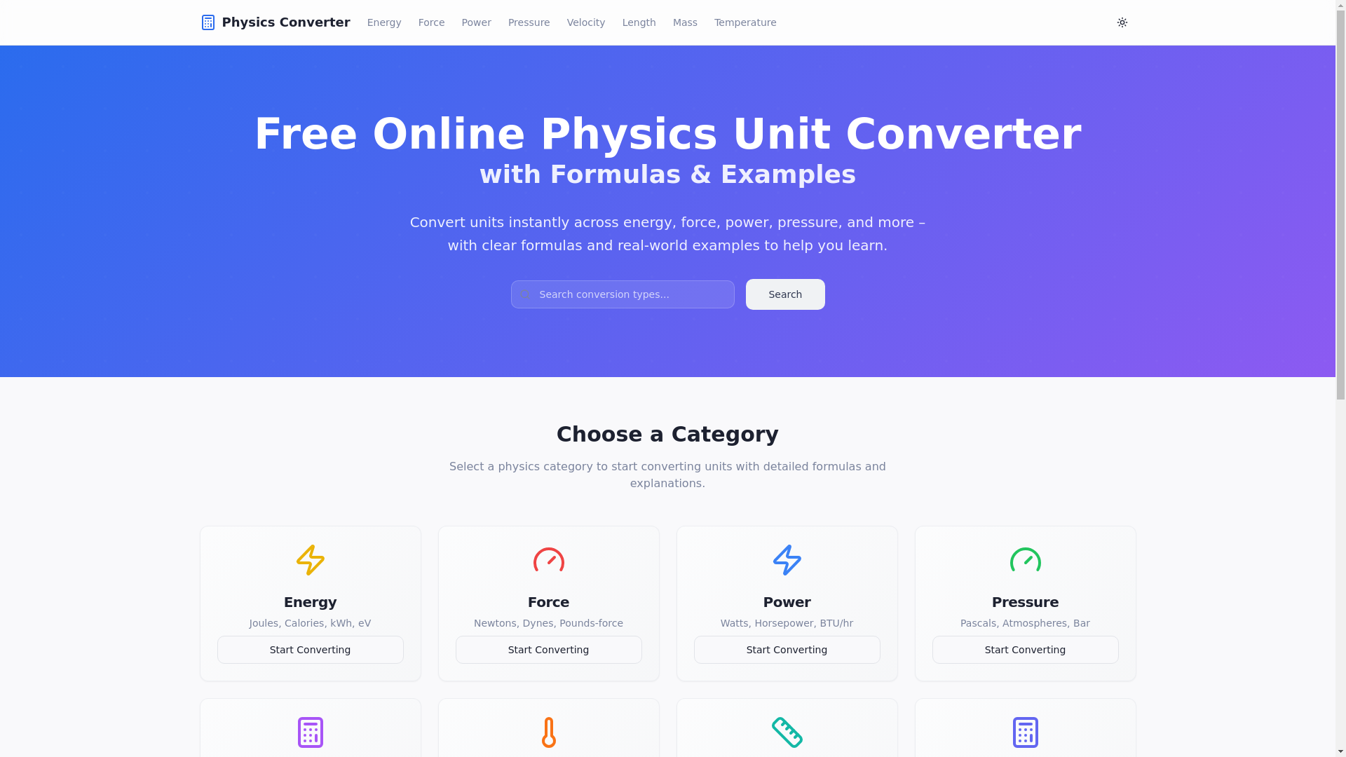 website screenshot of https://physicsconverter.com/