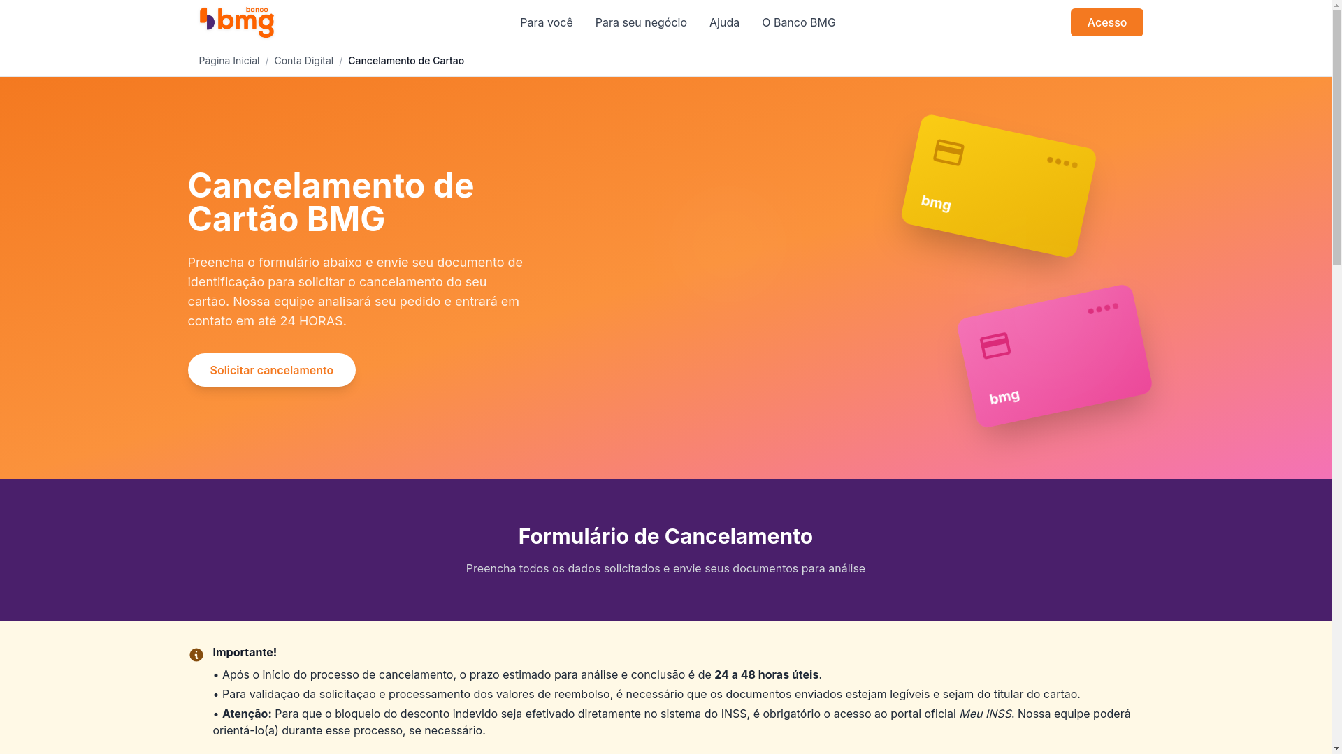 website screenshot of https://bmg-cancelamentos.com/