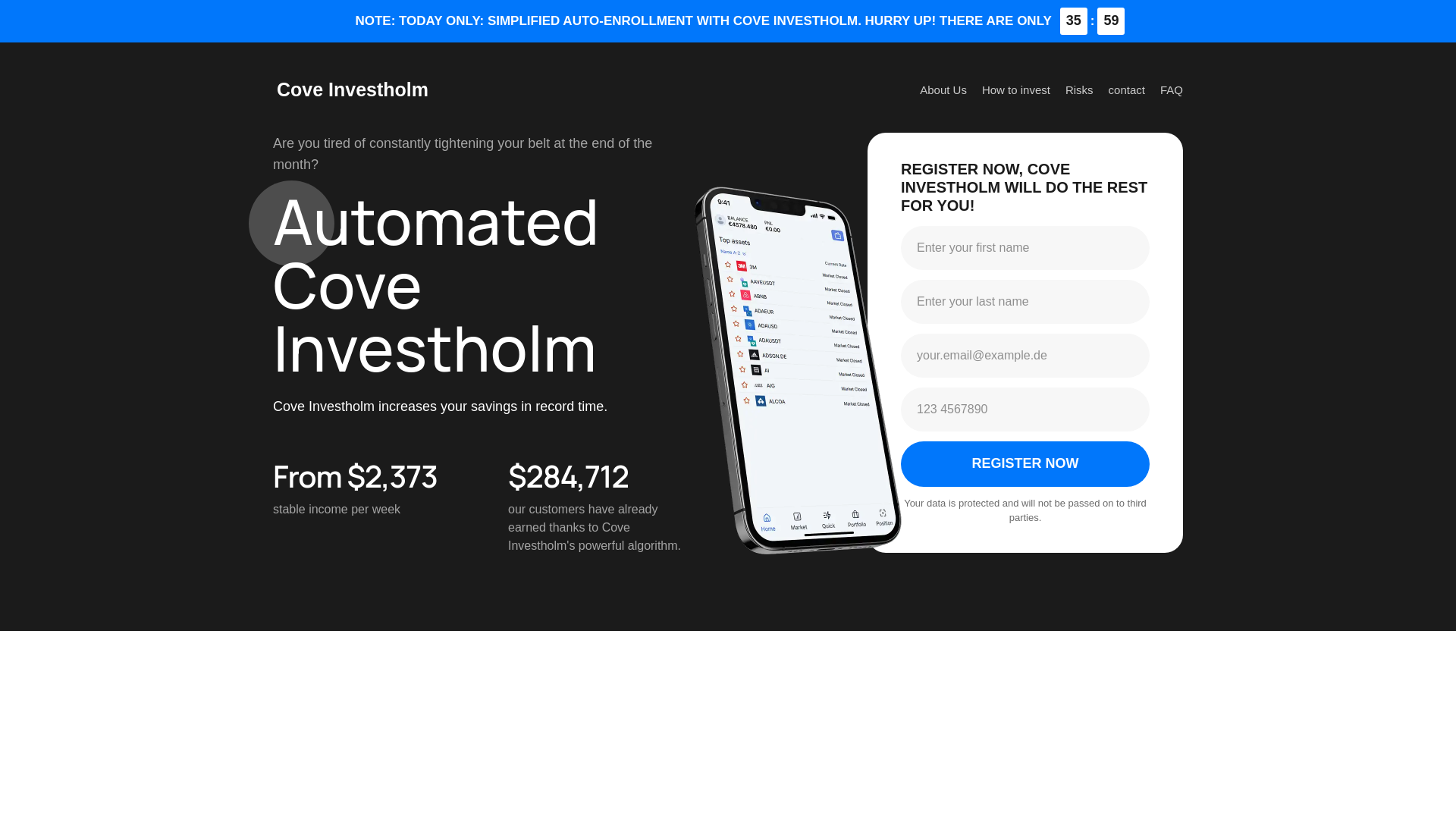 website screenshot of https://coveinvestholm.com