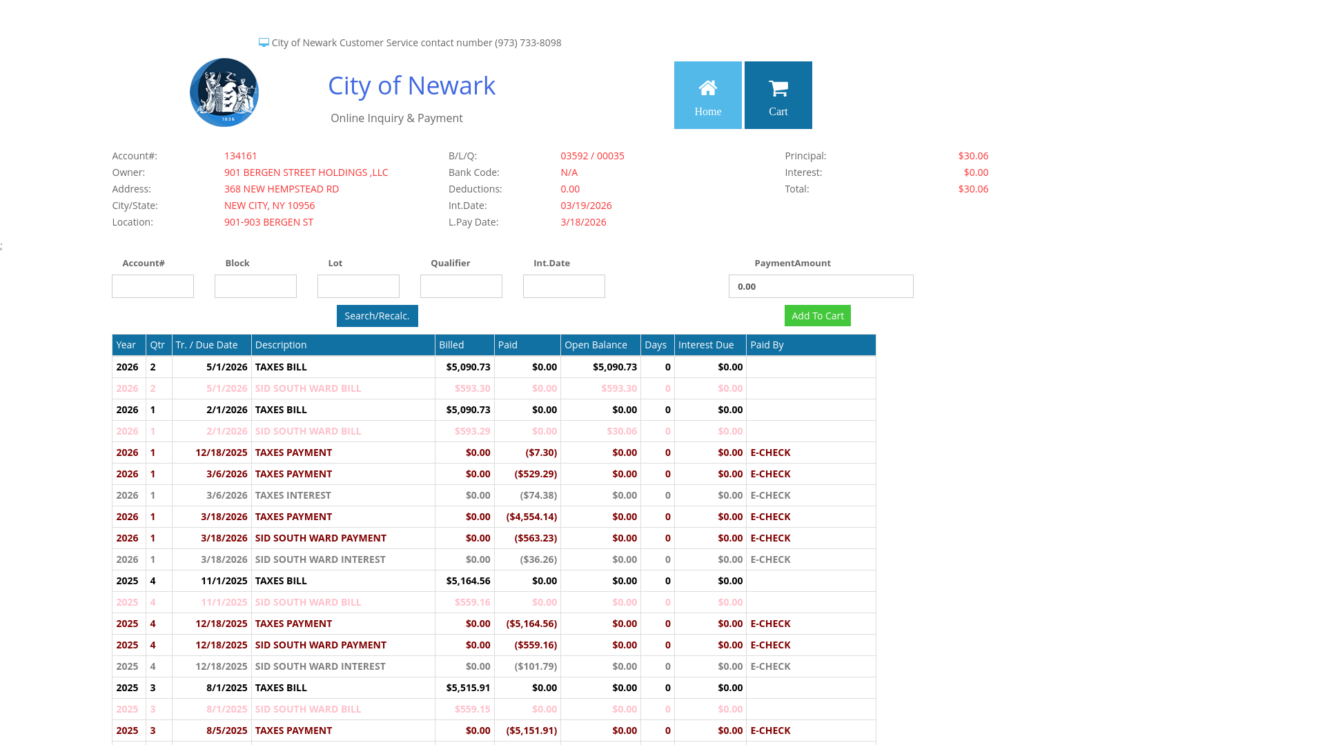 website screenshot of https://taxes.ci.newark.nj.us/ViewPay?accountNumber=134161
