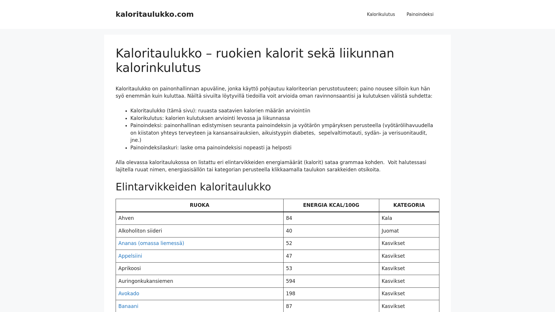 website screenshot of https://kaloritaulukko-com.pages.dev/