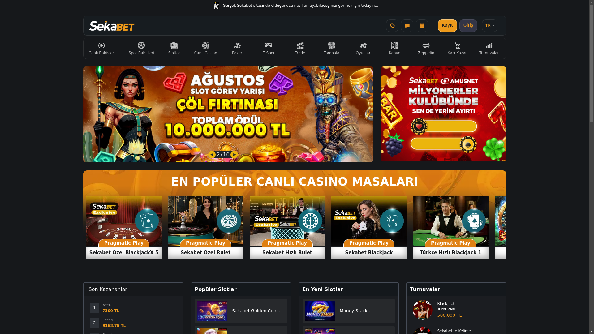 website screenshot of https://sekabet3999.com/