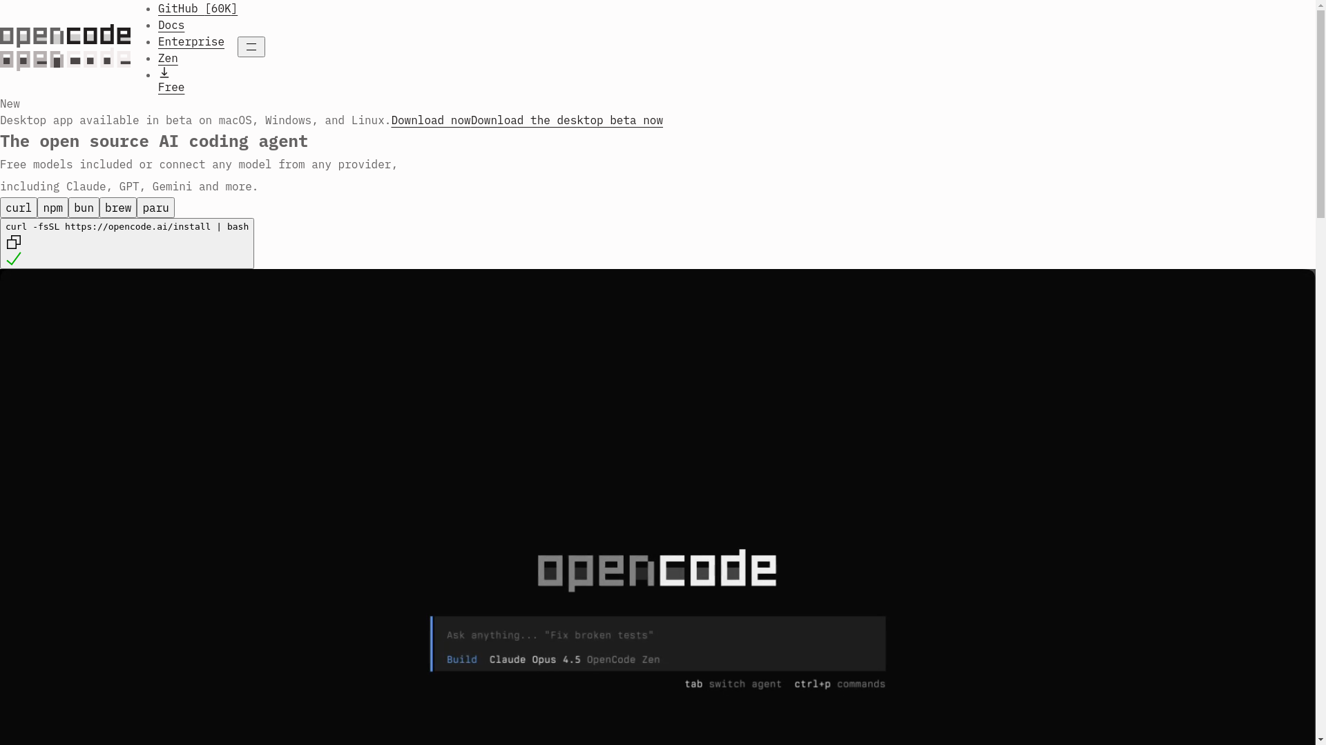 website screenshot of https://opencode.ai/