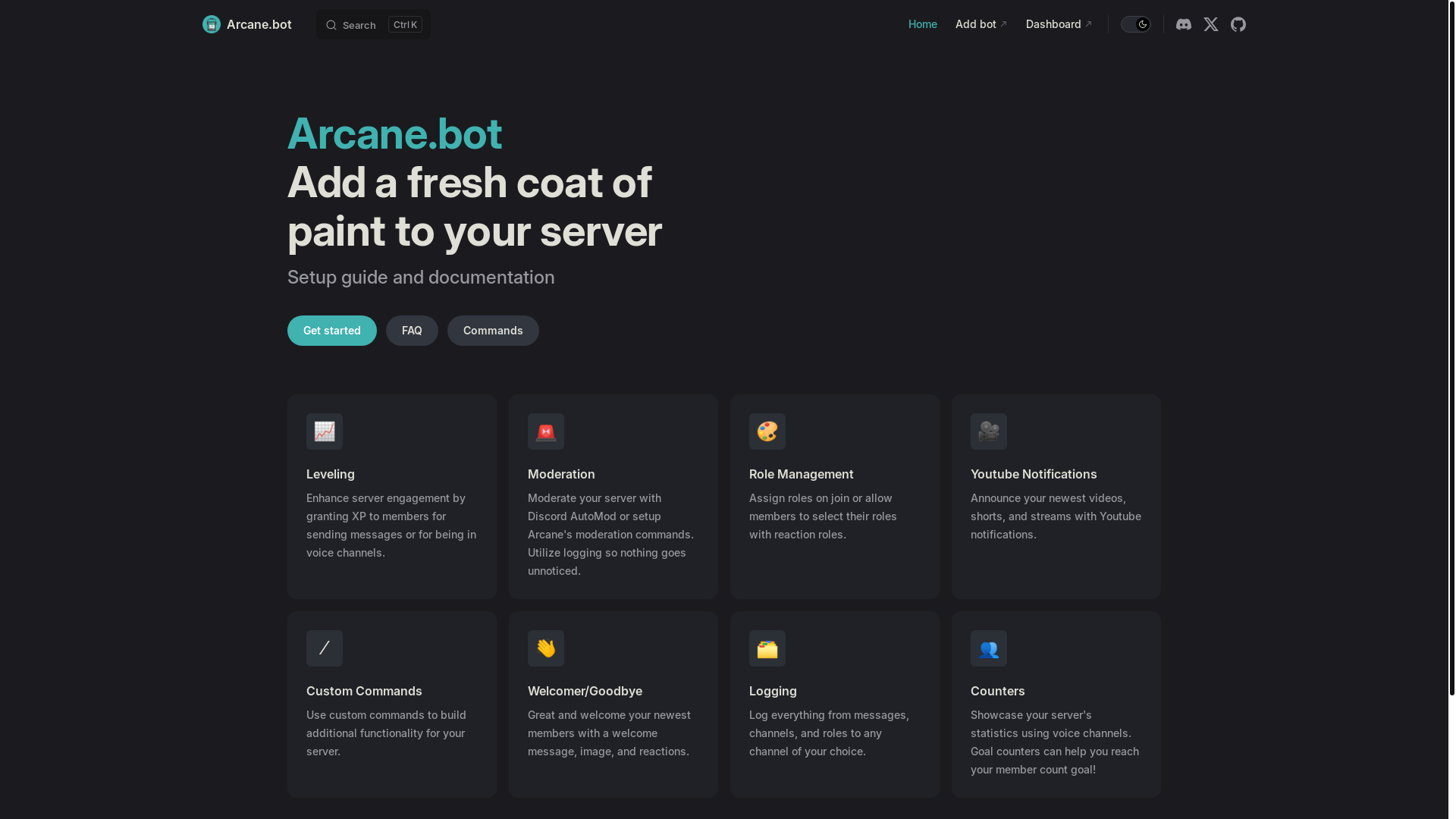 website screenshot of https://docs-arcane-bot.pages.dev/