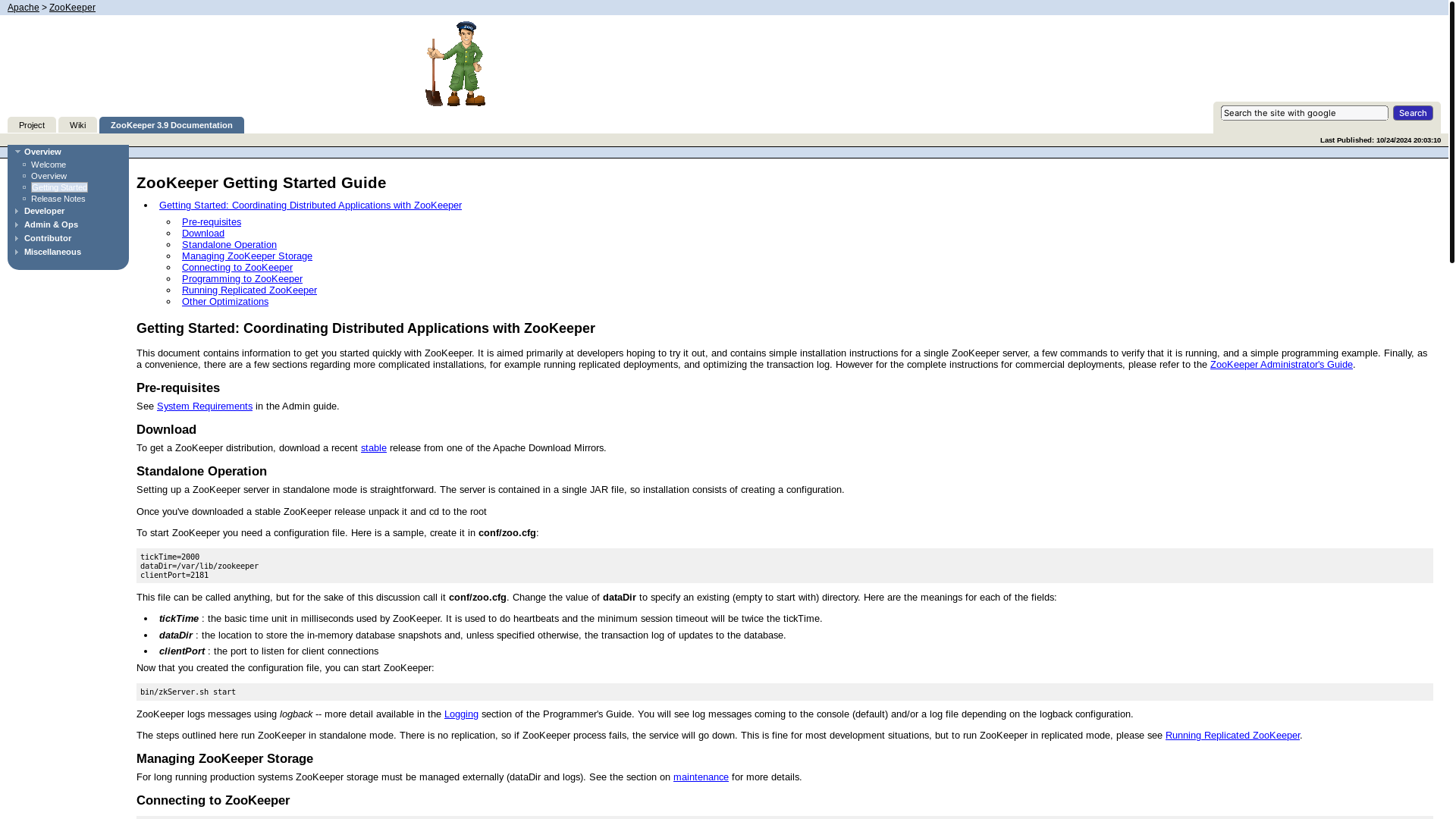 website screenshot of https://zookeeper.apache.org/doc/r3.9.3/zookeeperStarted.html