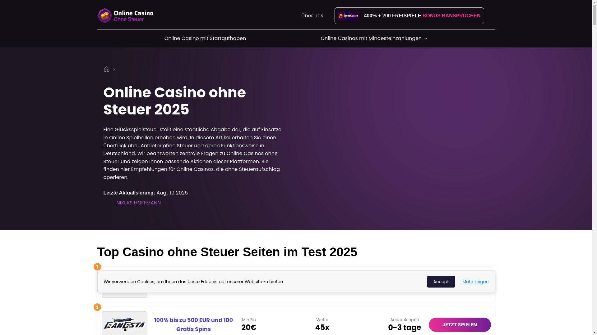 website screenshot of https://onlinecasinoohnesteuer.de/