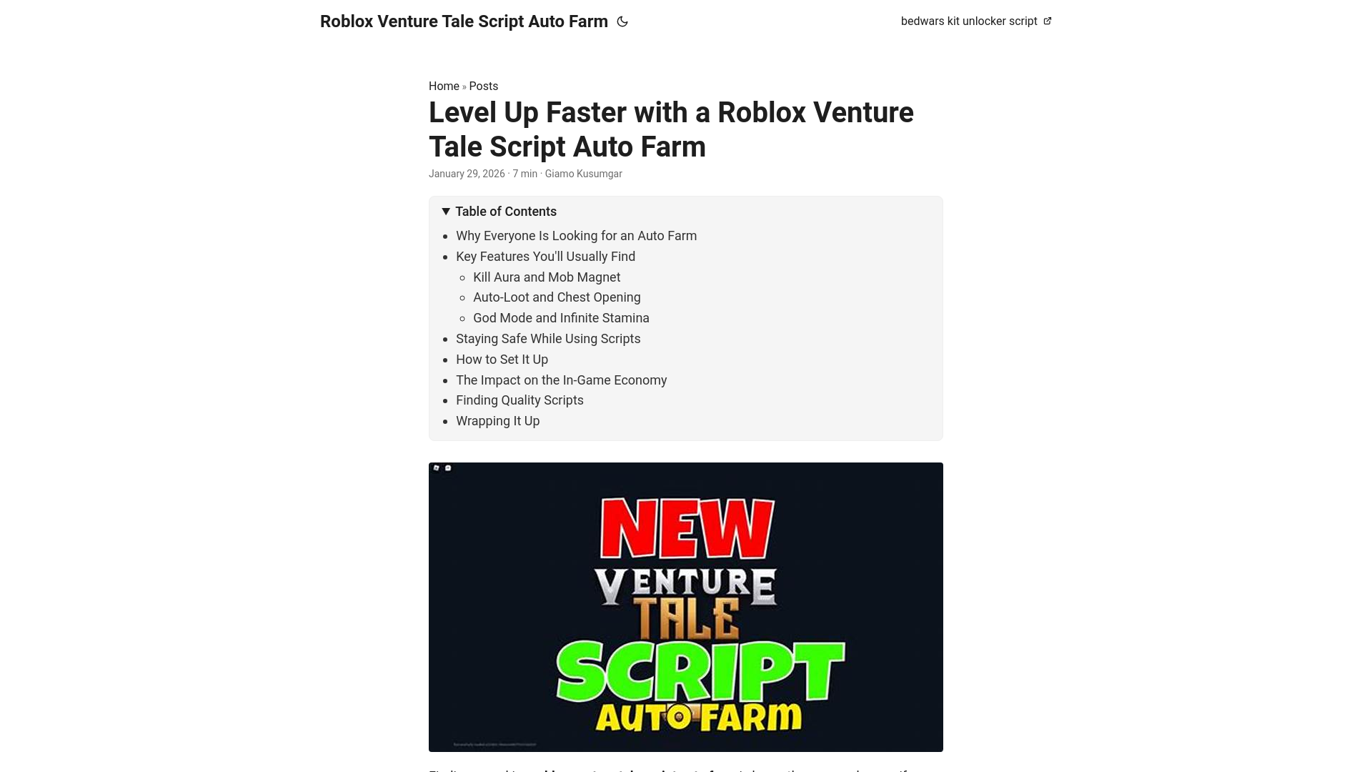website screenshot of https://roblox-venture-tale-script-auto-farm.pages.dev/