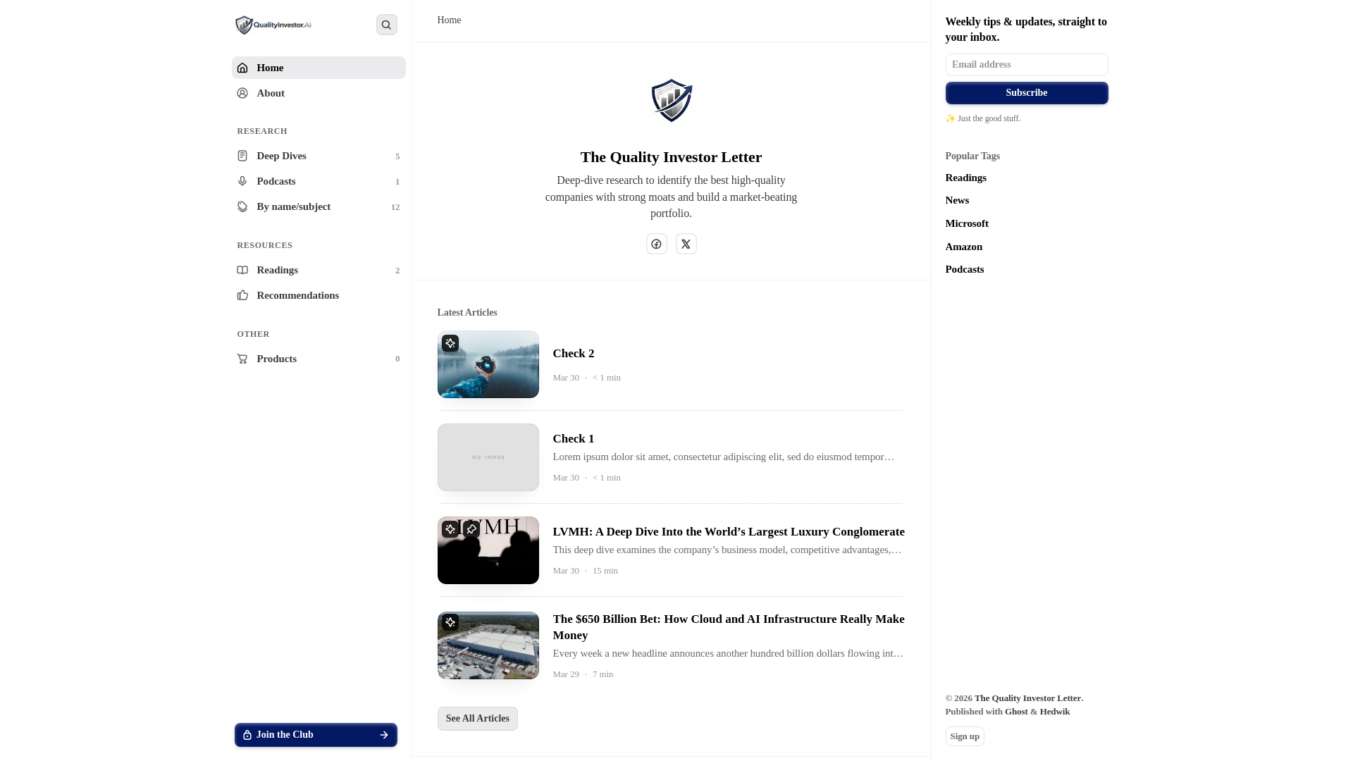 website screenshot of https://qualityinvestorletter.com