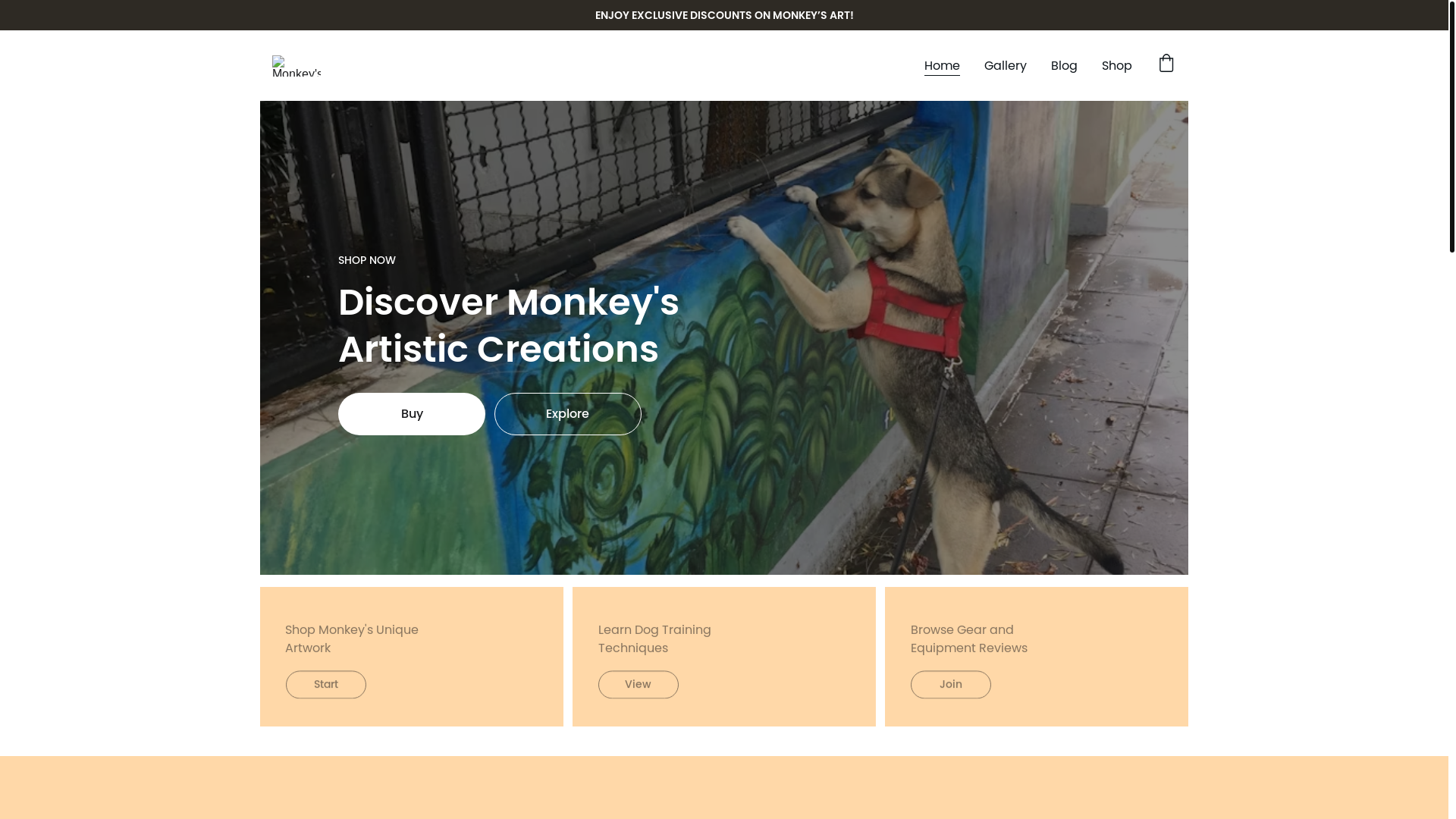 website screenshot of https://monkeysartgallery.com/