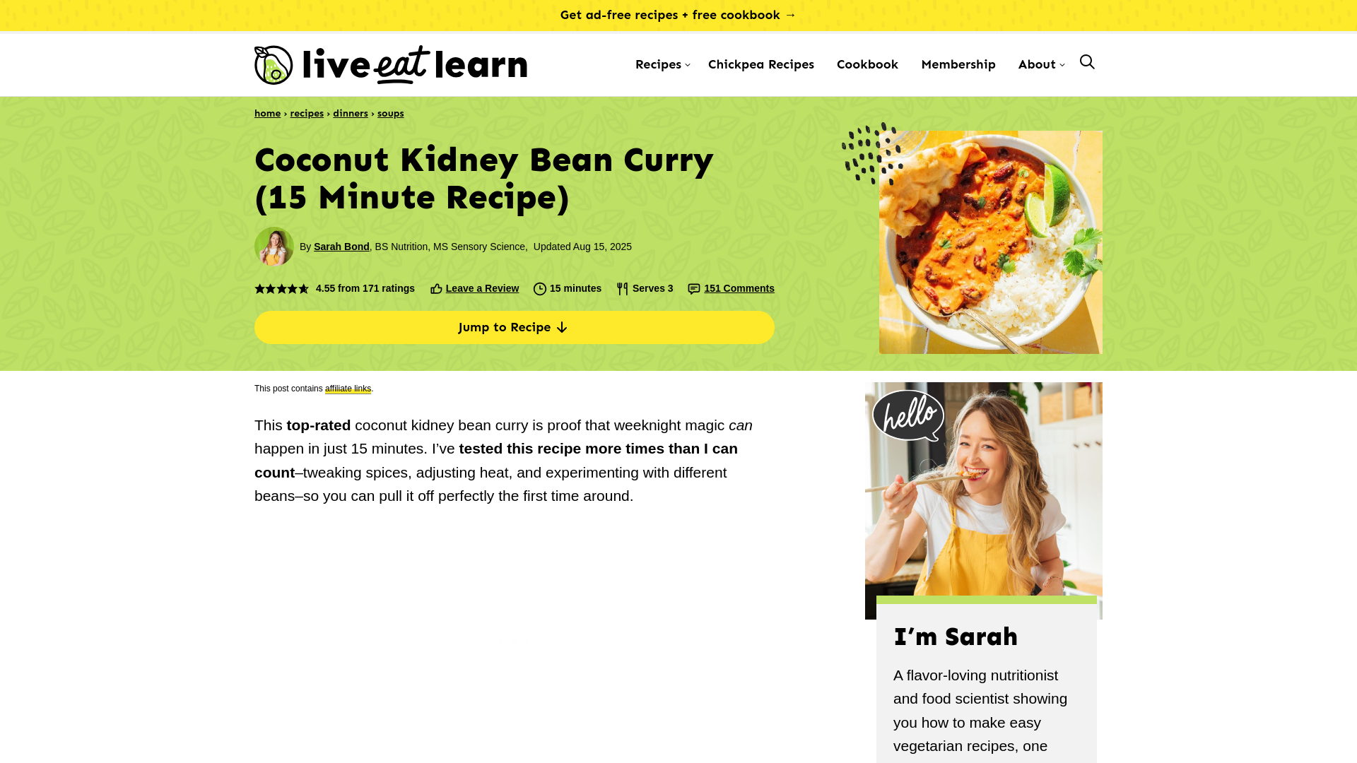 website screenshot of https://www.liveeatlearn.com/coconut-kidney-bean-curry/