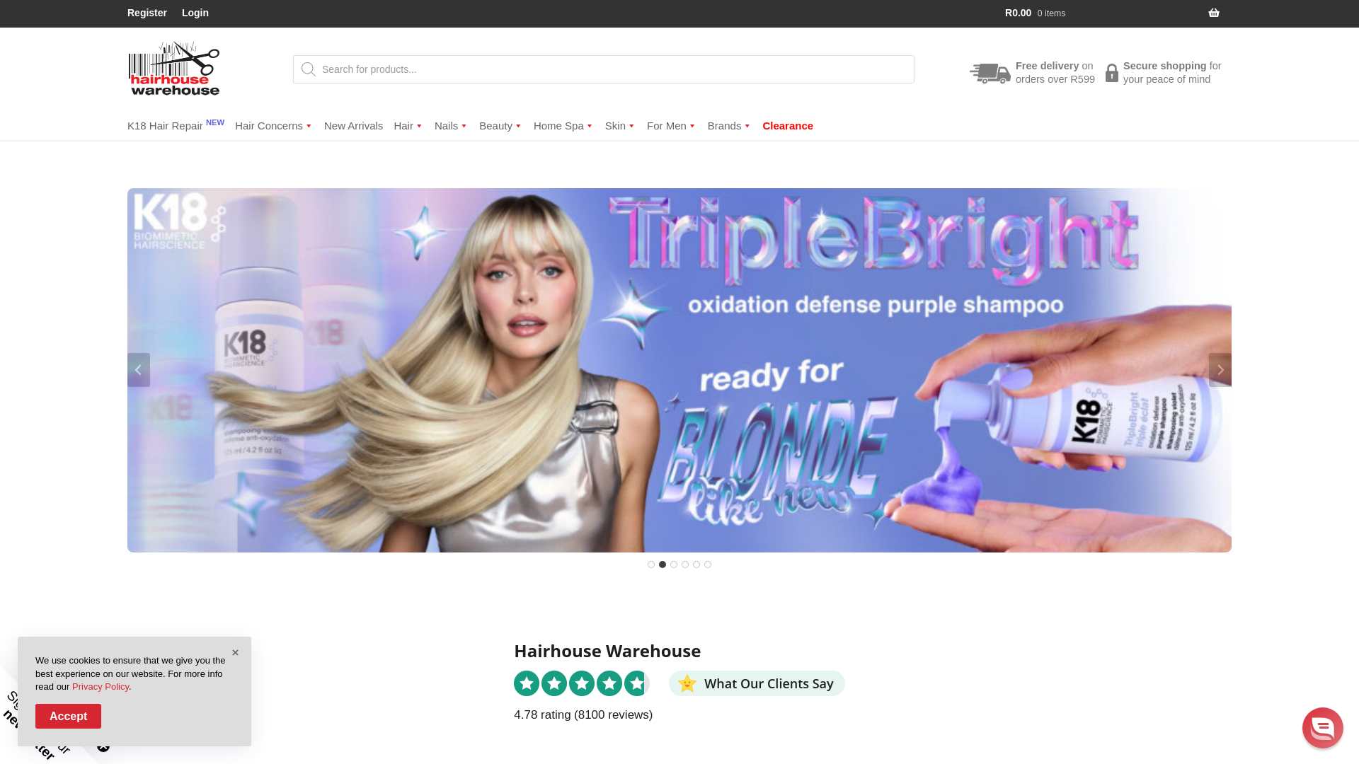 website screenshot of https://hairhousewarehouse.co.za