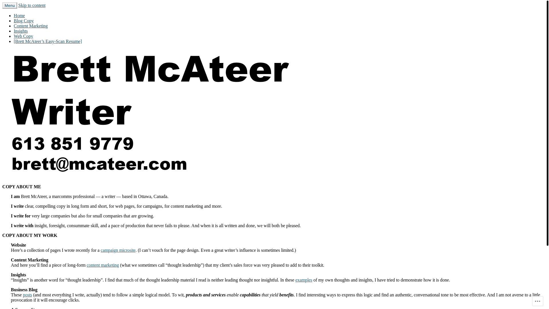 website screenshot of https://brettmcateerwriting.com/