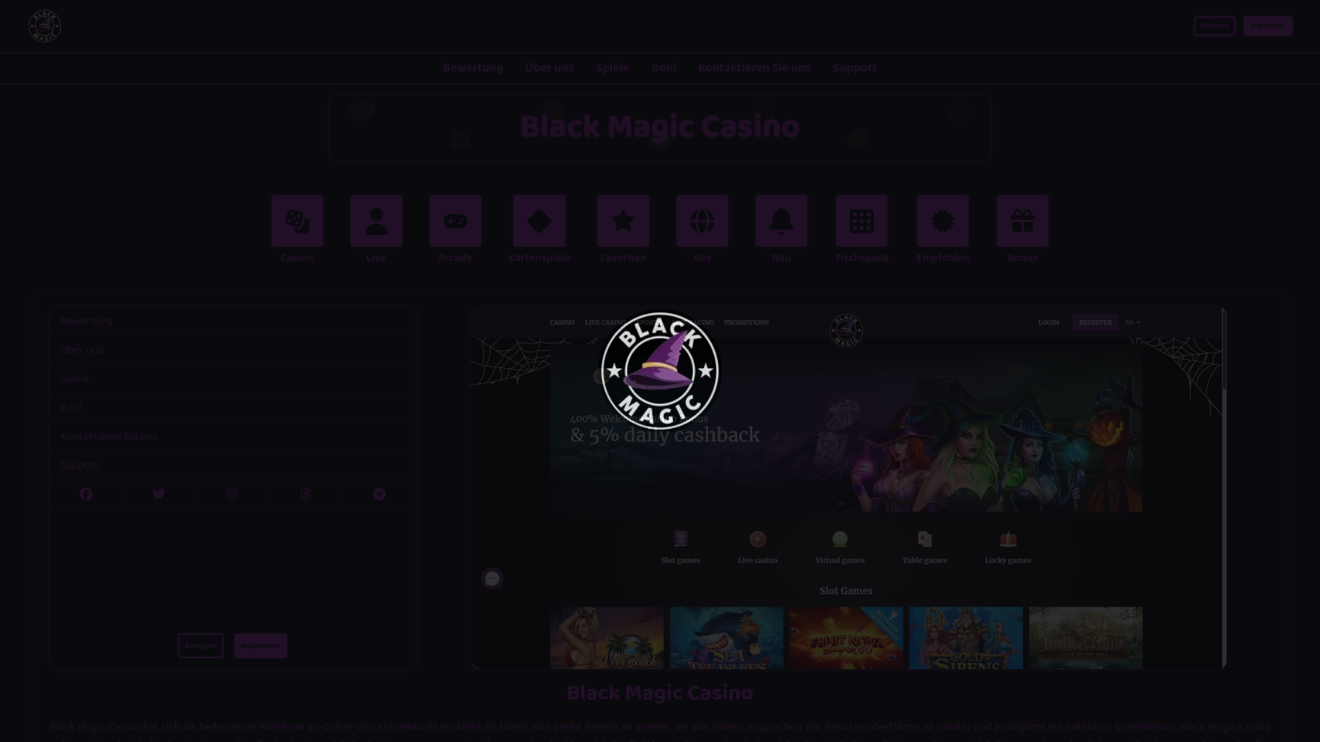 website screenshot of https://blackmagiccasino.de/