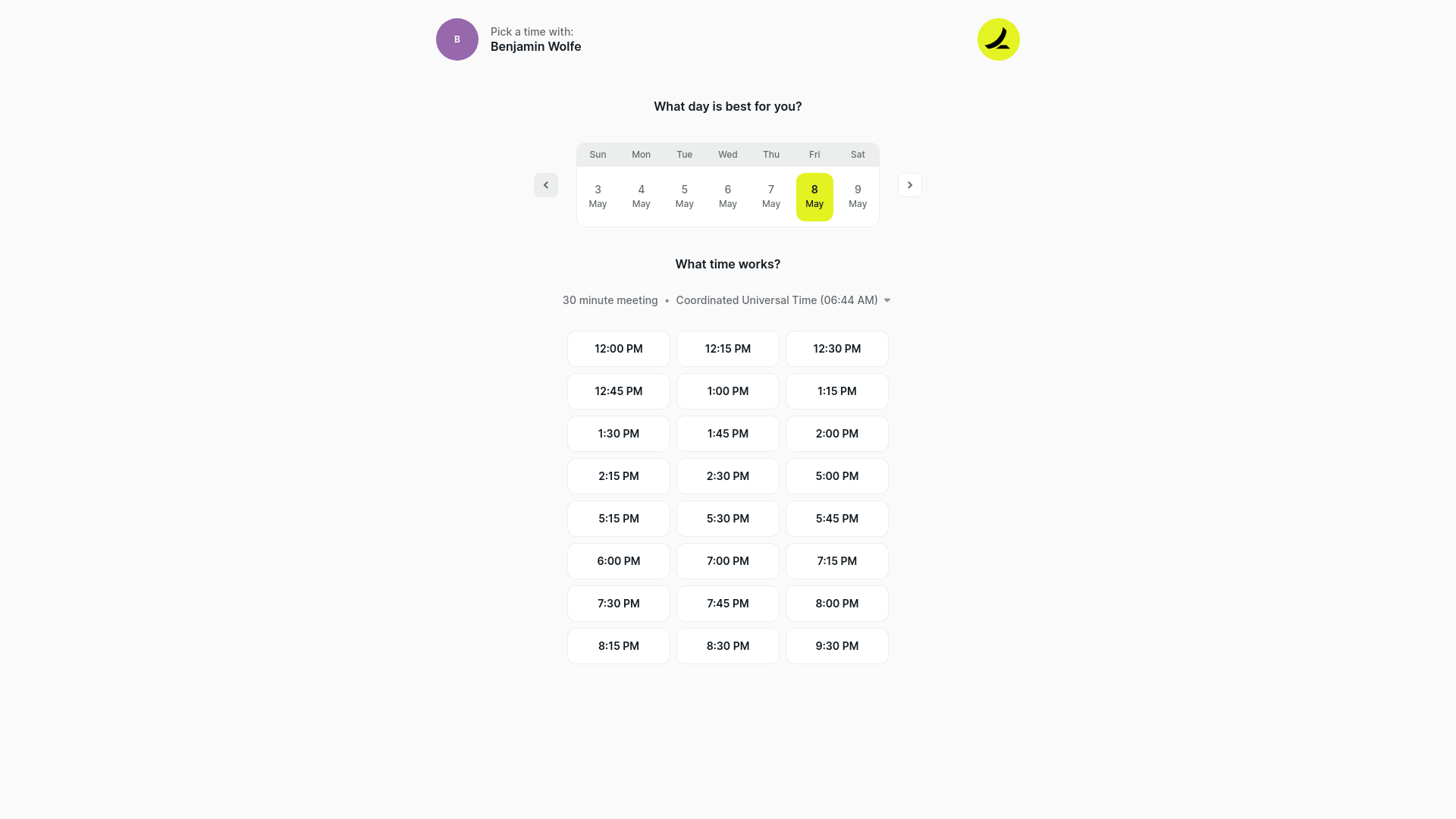 website screenshot of https://ramp-com.chilipiper.com/me/benjamin-wolfe/my-meeting