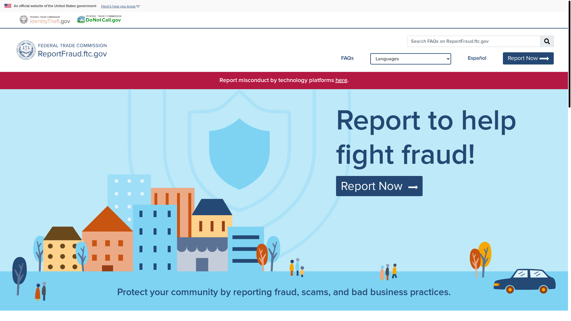website screenshot of https://reportfraud.ftc.gov/#collapseFlag