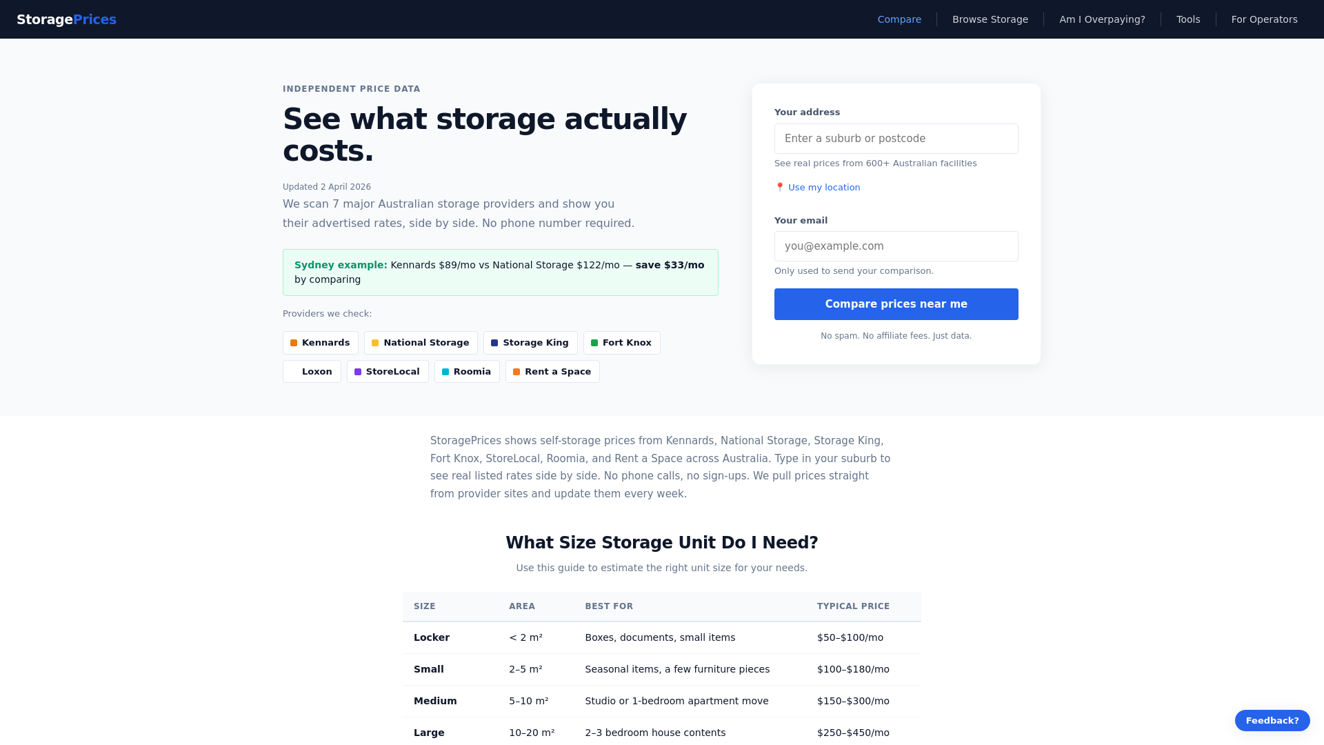 website screenshot of https://storageprices.online/