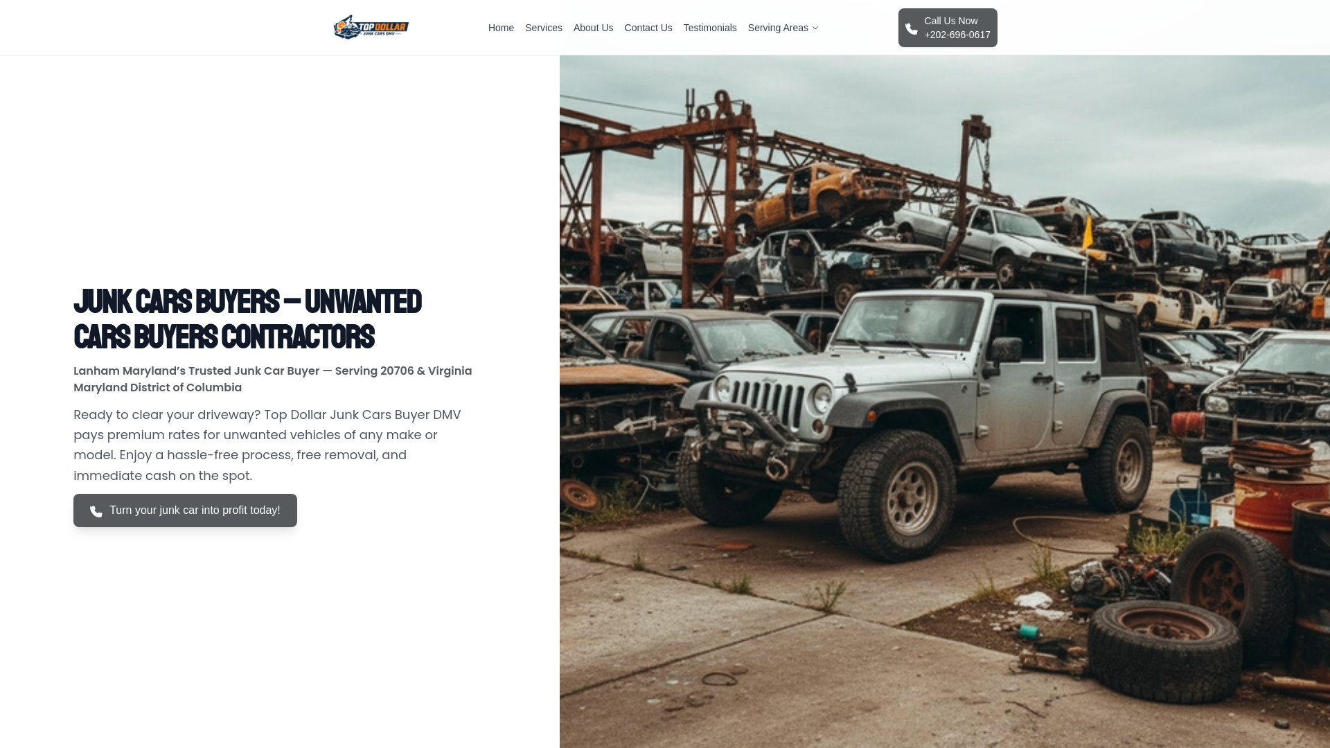 website screenshot of https://topdollarjunkcarsdmv.com/