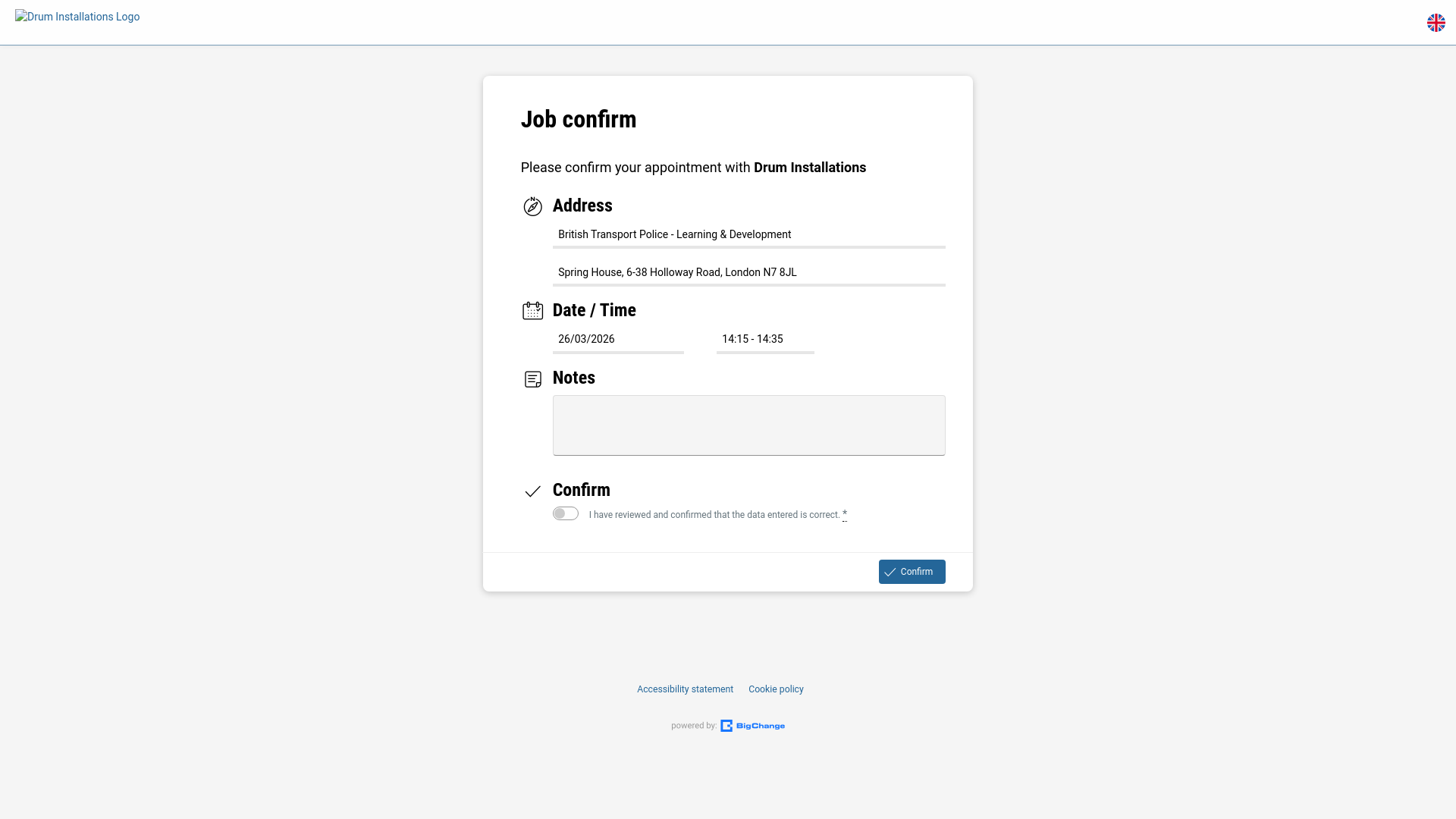 website screenshot of https://booking.bigchange.com/confirm/11566c36-387c-4db1-a785-2ab516aaf22c/182005486/5113/243809