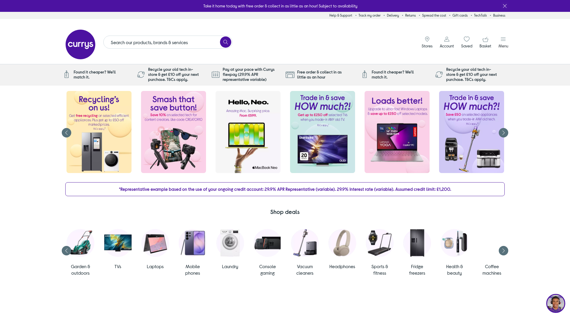 website screenshot of https://www.currys.co.uk