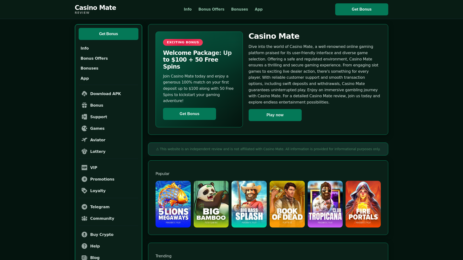 website screenshot of https://casinomate-us.pages.dev/